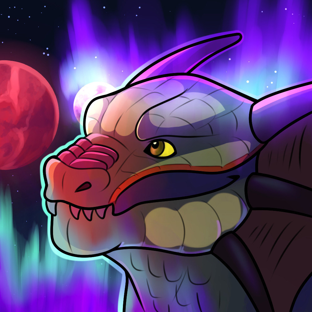 An Argonian during the Northern Lights against the two moons