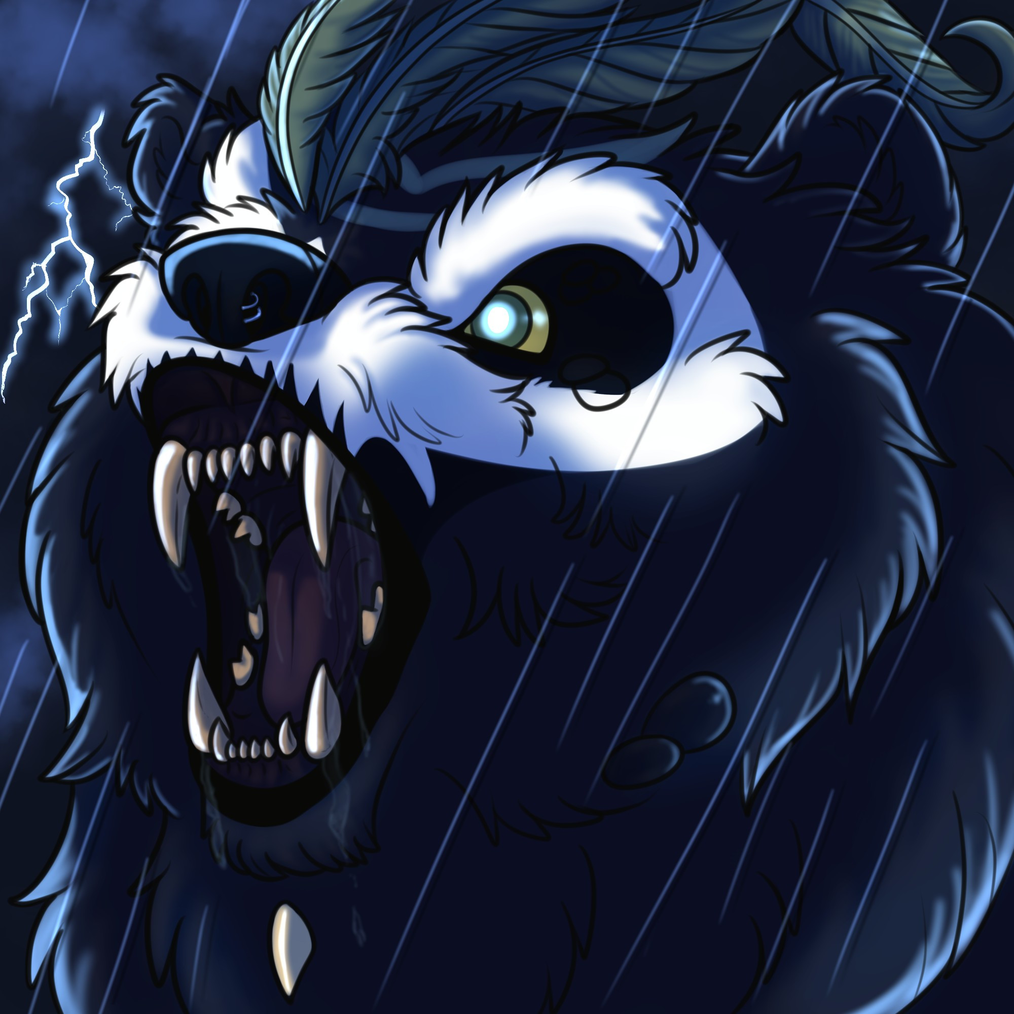 Art of a werebear roaring in the rain