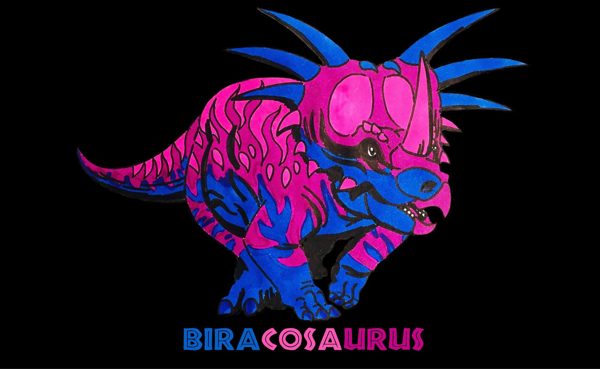 A Styracosaurus with the color palate of the Bisexual Pride Flag.