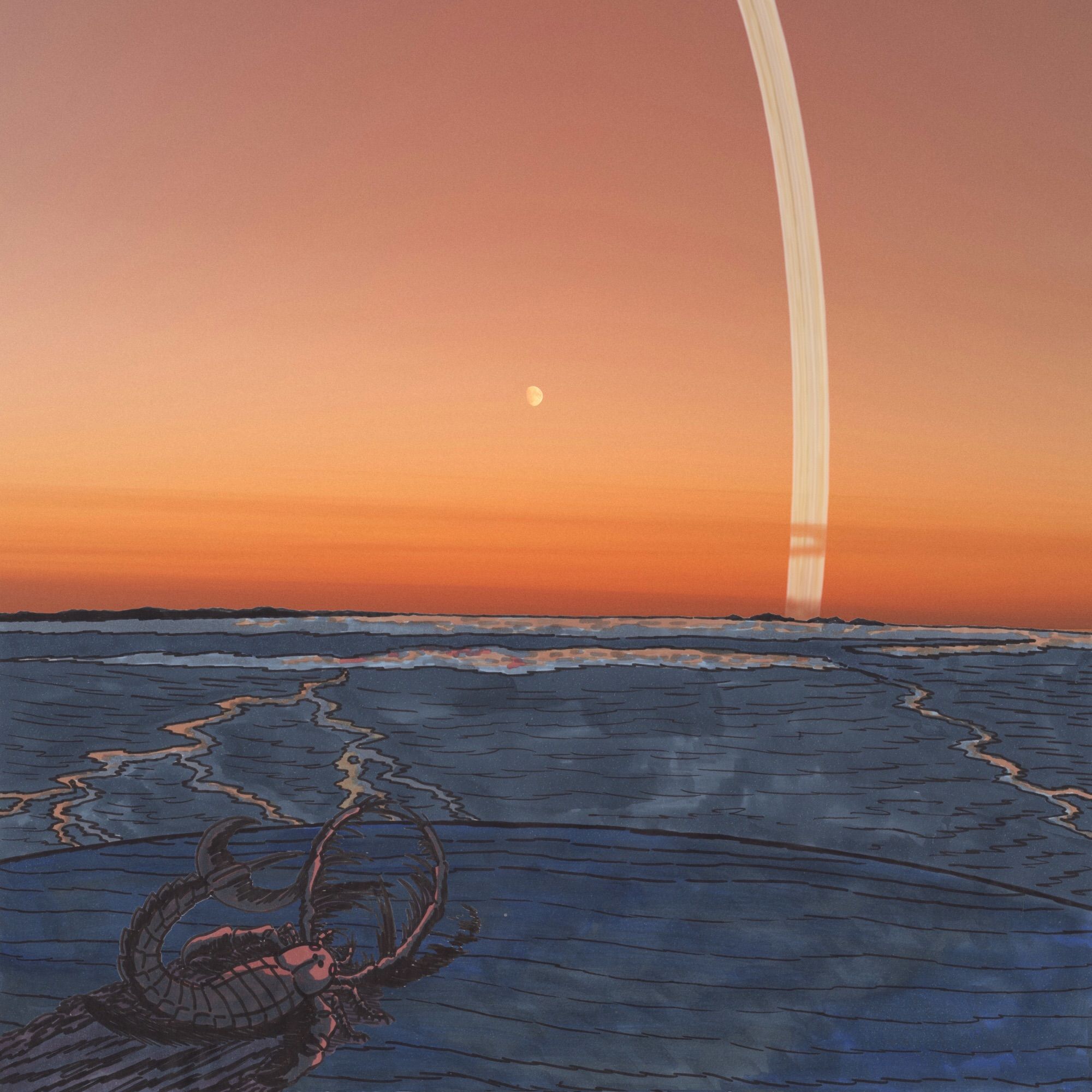 A scene set 450 million years ago of a Megalograptus (sea scorpion) hauling itself along a coastal mudflat as a ring of celestial debris straddling Earth looms in the sky above. 

Based on recent study suggesting Earth may have had a ring system in the Late Ordovician.