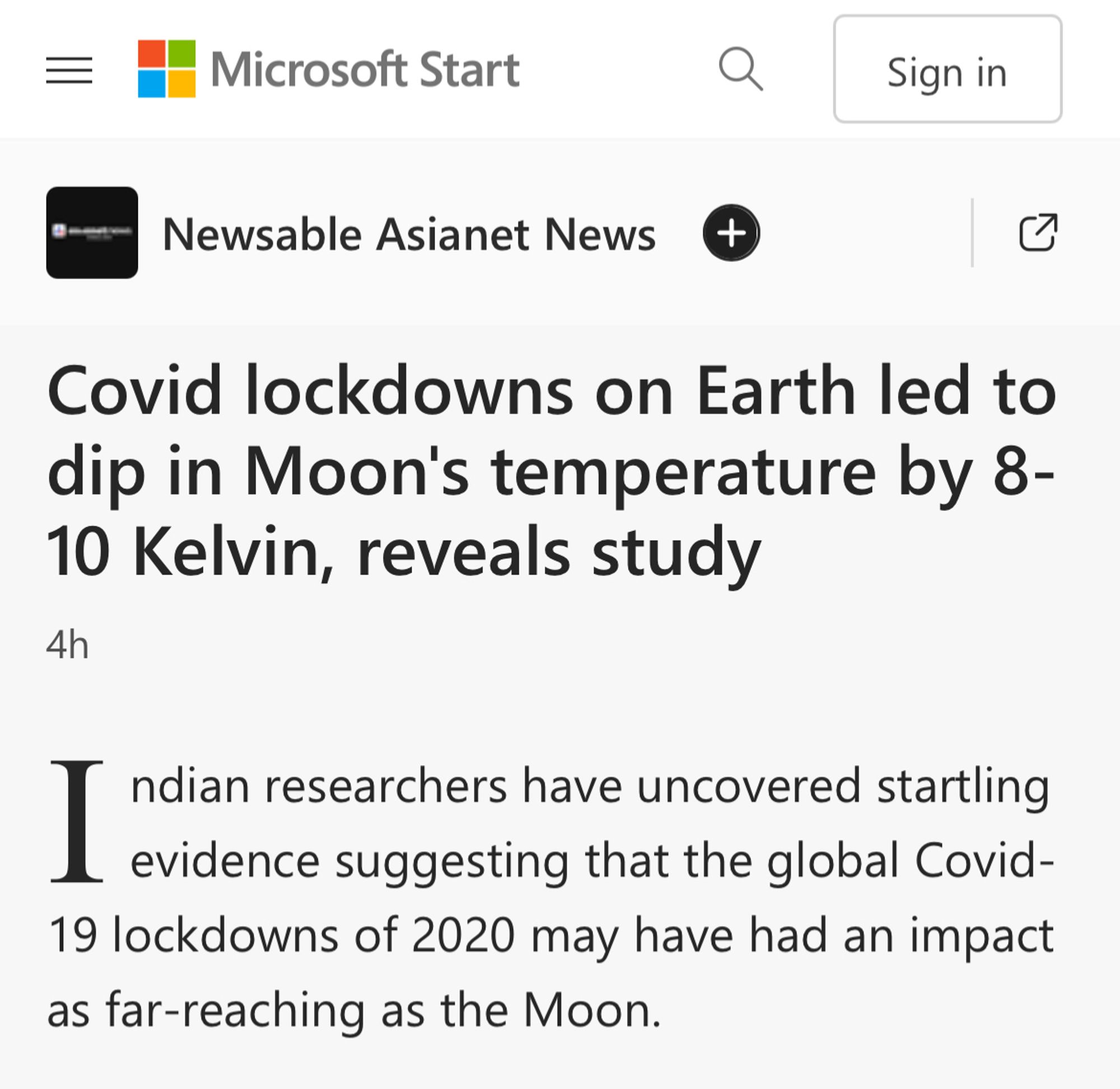 Covid lockdowns on Earth led to
dip in Moon's temperature by 8-
10 Kelvin, reveals study
4h
I dian researchers have uncovered startin evidence suggesting that the global Covid- 19 lockdowns of 2020 may have had an impact
as far-reaching as the Moon