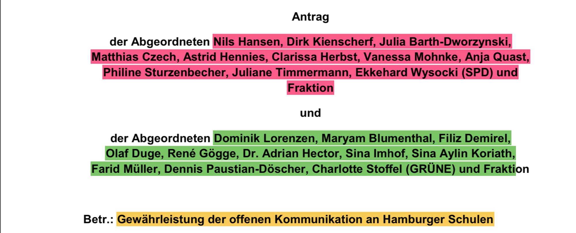 Antrag
der Abgeordneten Nils Hansen, Dirk Kienscherf, Julia Barth-Dworzynski, Matthias Czech, Astrid Hennies, Clarissa Herbst, Vanessa Mohnke, Anja Quast, Philine Sturzenbecher, Juliane Timmermann, Ekkehard Wysocki (SPD) und Fraktion
und
der Abgeordneten Dominik Lorenzen, Maryam Blumenthal, Filiz Demirel, Olaf Duge, René Gögge, Dr. Adrian Hector, Sina Imhof, Sina Aylin Koriath, Farid Müller, Dennis Paustian-Döscher, Charlotte Stoffel (GRÜNE) und Fraktion
Betr.: Gewährleistung der offenen Kommunikation an Hamburger Schulen