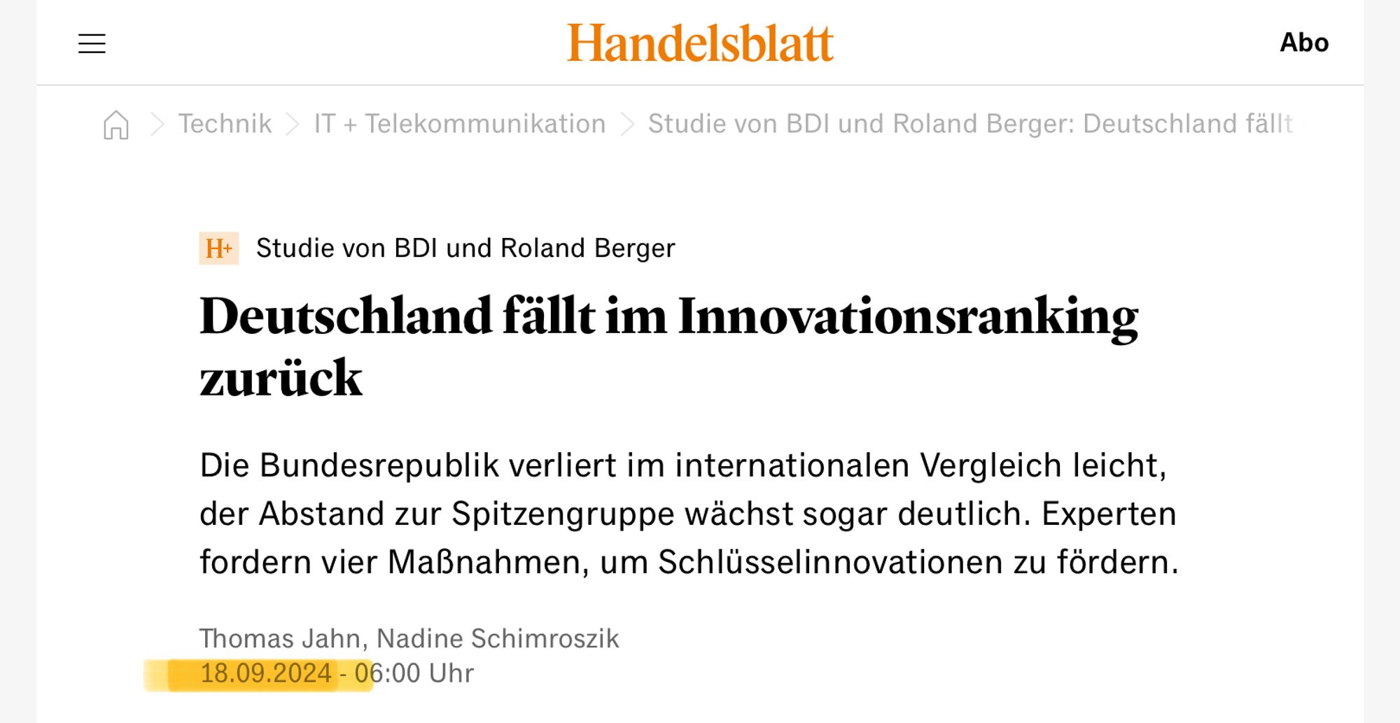 Studie von BDI und Roland Berger
Deutschland fällt im Innovationsranking
zurück
Die Bundesrepublik verliert im internationalen Vergleich leicht, der Abstand zur Spitzengruppe wächst sogar deutlich. Experten fordern vier Maßnahmen, um Schlüsselinnovationen zu fördern.