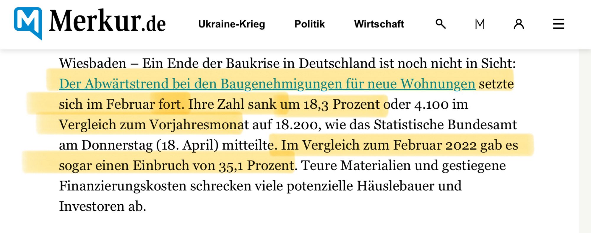 Ein Ende der Baukrise in Deutschland ist noch nicht in Sicht: Der Abwärtstrend bei den Baugenehmigungen für neue Wohnungen setzte sich im Februar fort. Ihre Zahl sank um 18,3 Prozent oder 4.100 im Vergleich zum Vorjahresmonat auf 18.200, wie das Statistische Bundesamt am Donnerstag (18. April) mitteilte. Im Vergleich zum Februar 2022 gab es sogar einen Einbruch von 35,1 Prozent. Teure Materialien und gestiegene Finanzierungskosten schrecken viele potenzielle Häuslebauer und Investoren ab.