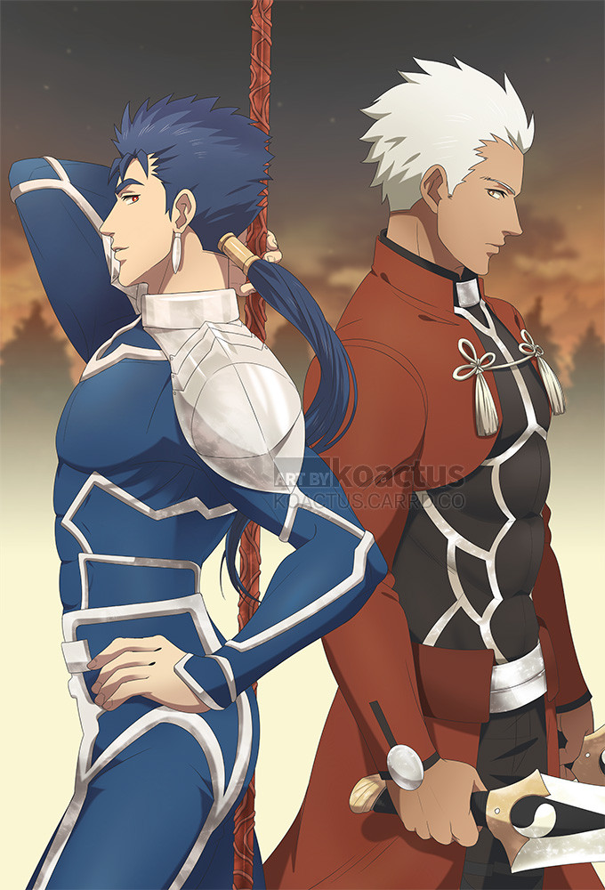 Fan art of Lancer (Cu Chulainn) and Archer (EMIYA)from Fate/Stay Night, Unlimited Blade Works, Fate/Grand Order standing next to each other.