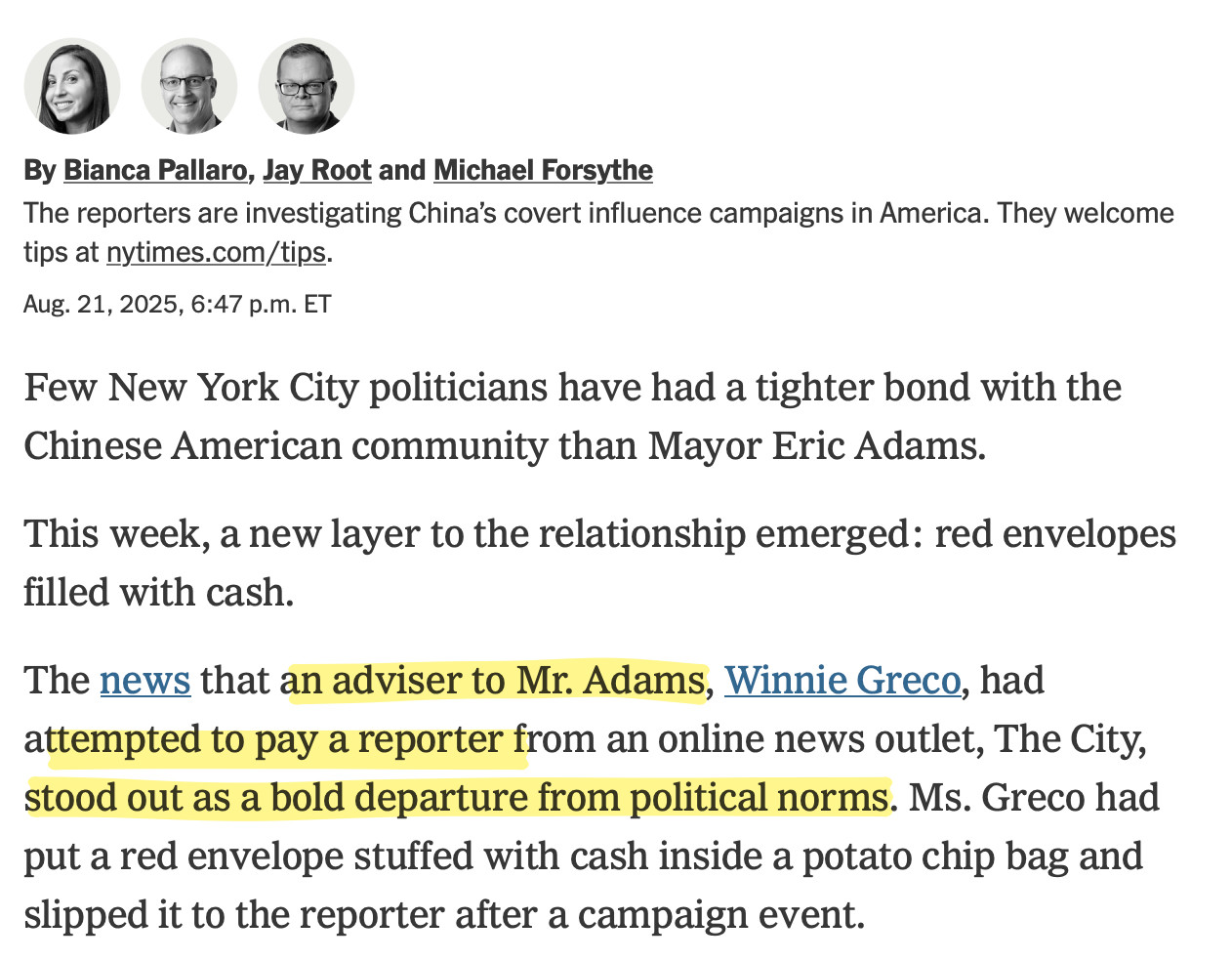 New York Times: "The news that an adviser to Mr. Adams, Winnie Greco, had attempted to pay a reporter from an online news outlet, The City, stood out as a bold departure from political norms."