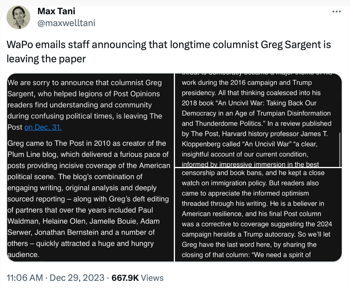 A tweet from Max Toni reads: "WaPo emails staff announcing that longtime columnist Greg Sargent is leaving the paper."