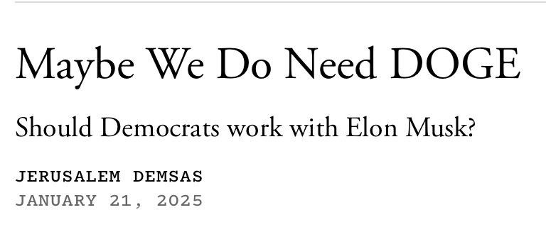Maybe We Do Need DOGE / Should Democrats work with Elon Musk?
by JERUSALEM DEMSAS