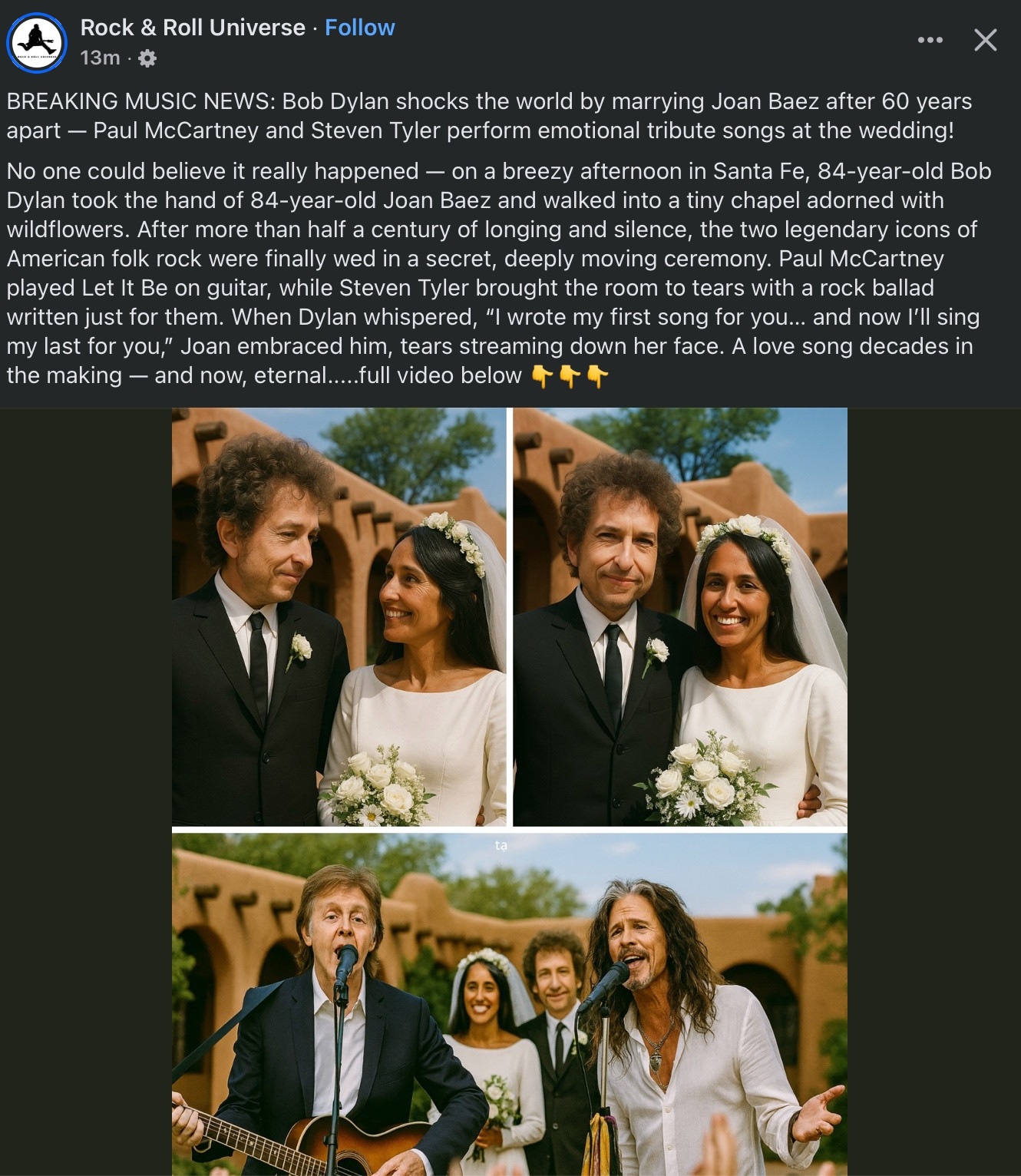 screenshot of AI slop on Facebook spreading lies and fake photos about Bob Dylan and Joan Baez getting married in Sante Fe with Paul McCartney and Steven Tyler (?!?) performing at their wedding.