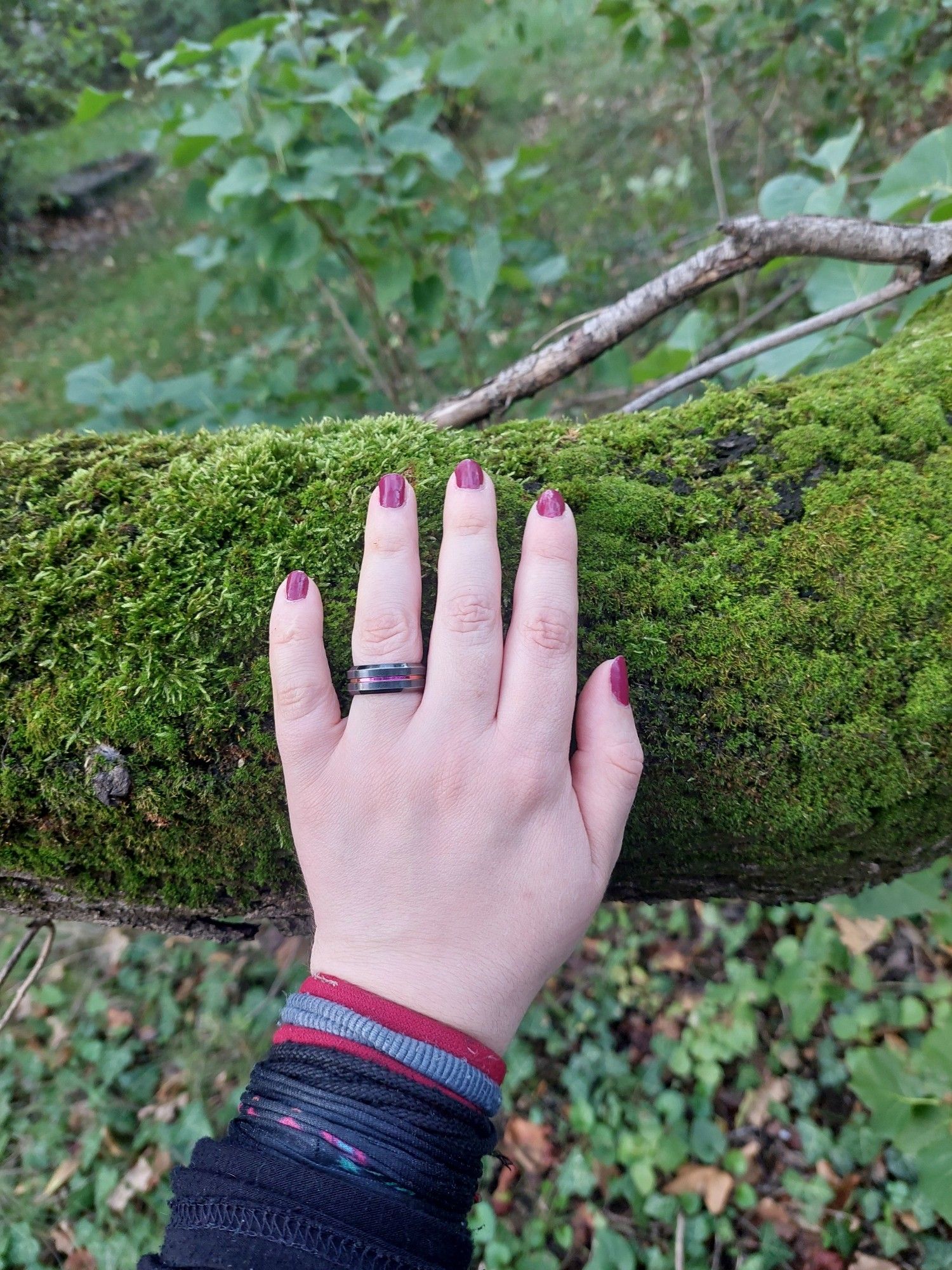 Foto von meiner Hand die einen bemoosten Baum streichelt.