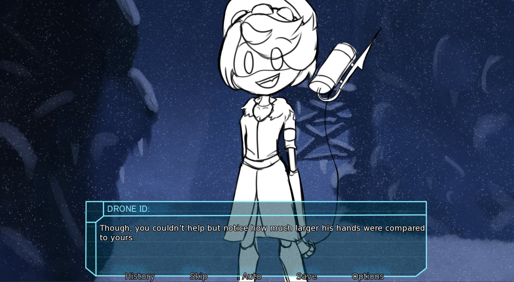 N (beta sprite) standing outside on Copper-9, the text box says  

"Though, you couldn't help but notice how much larger his hands were compared to yours."