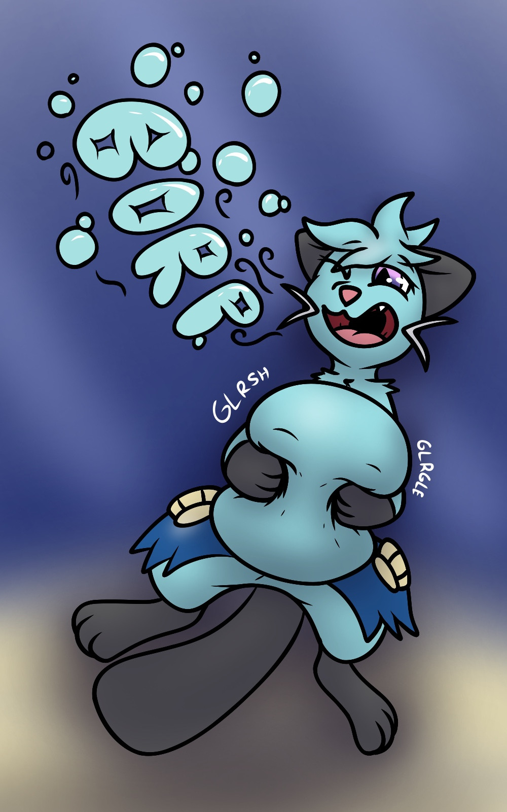 A Dewott, proud of her recent catch underwater. She gives her rounded belly a squeeze and belches proudly.