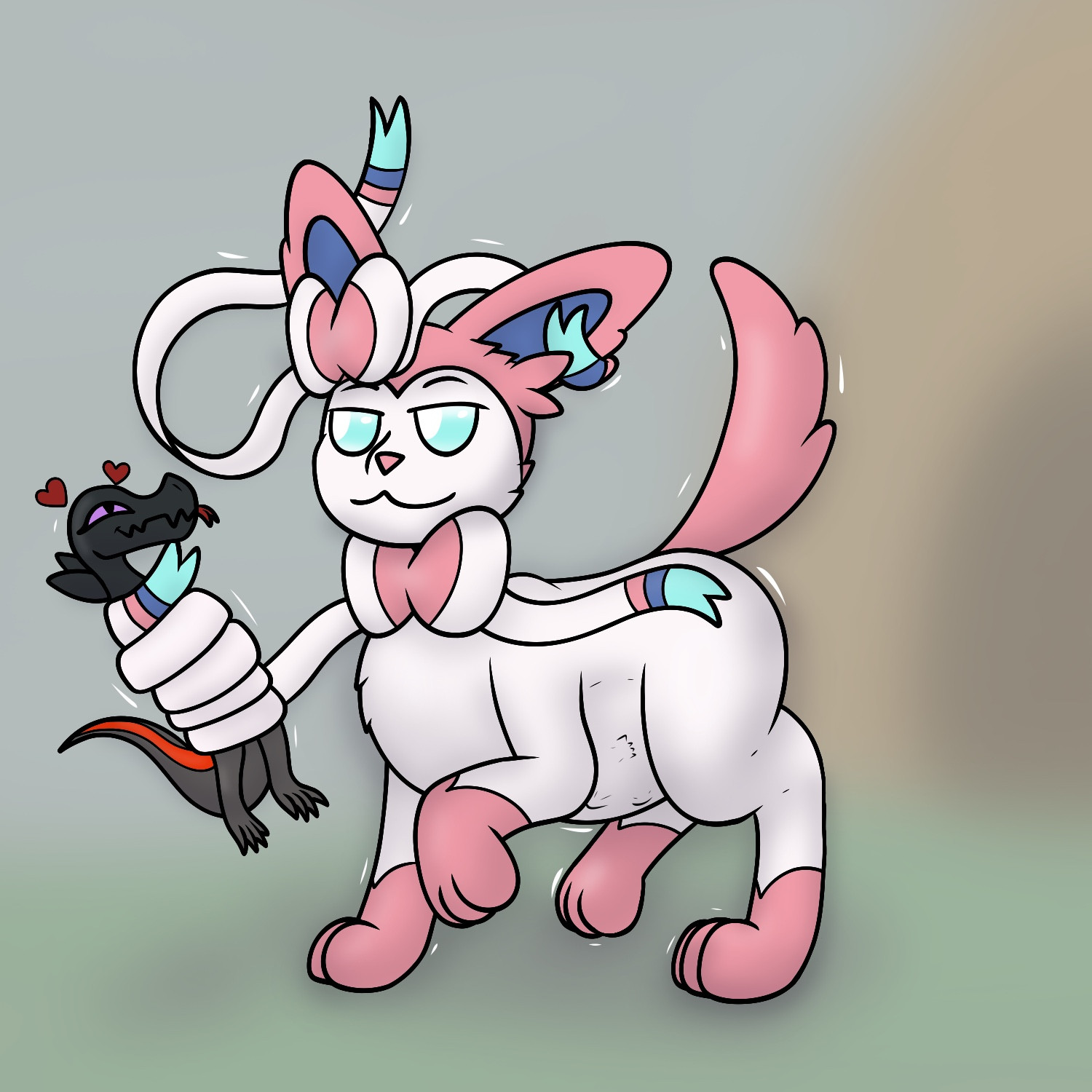 A Sylveon walking away from a cave, an infatuated Salandit is wrapped in his ribbon.

His belly is bulging lightly with previous prey, and he has a calm smile on his face.