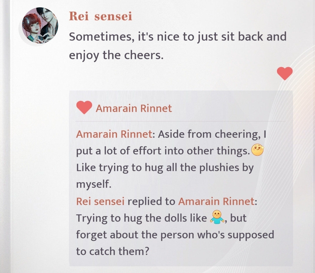 Screenshot of a Moment (similar with status on FB or Bluesky) post in the game Love and Deepspace.

The love interest (Li Shen/Zayne/Rei)'s status: Sometimes, it's nice to just sit back and enjoy the cheers.