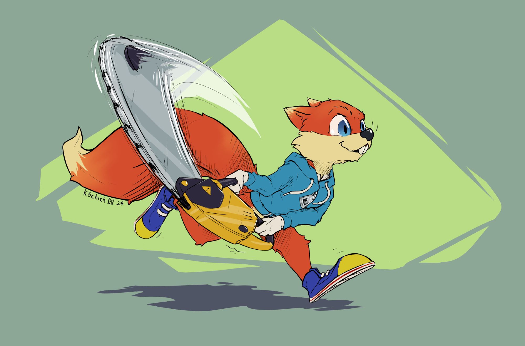 Conker from Conker's Bad Fur Day, wielding a comically sized chainsaw. I'm sure he just wants a hug.