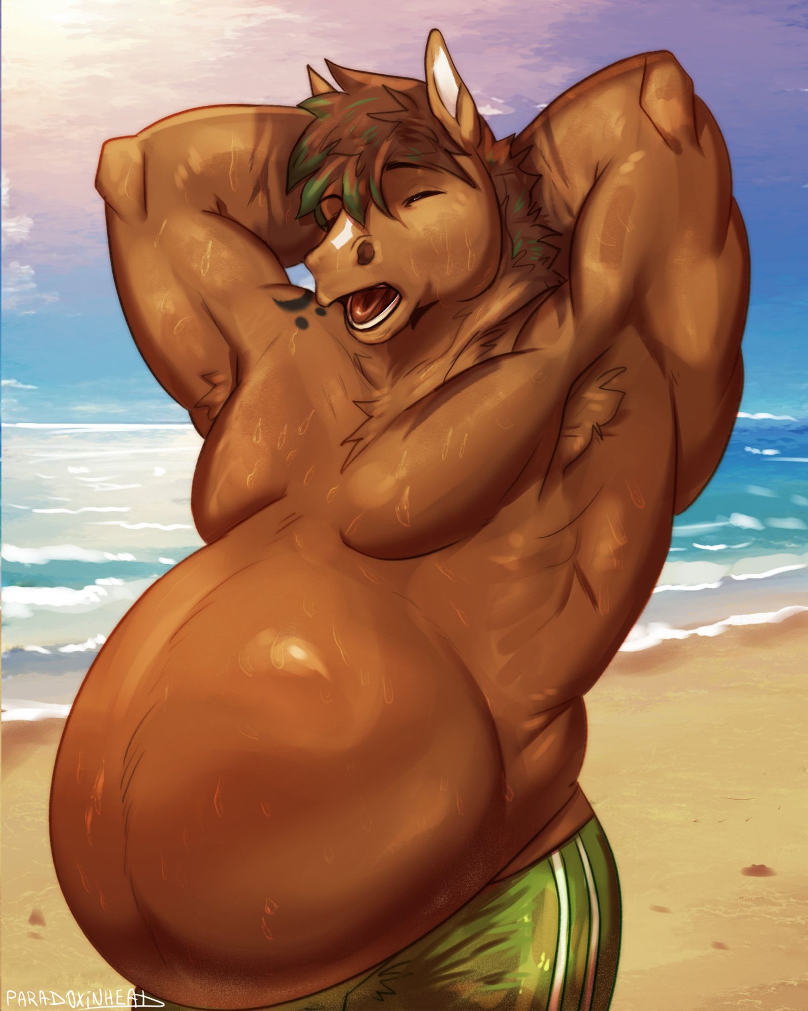 Quintree, anthro horse, on the beach. Portly potbelly and muscled chest/arms all bare, green swim trunks, yawning and looking like he's just come back on the shore from a swim