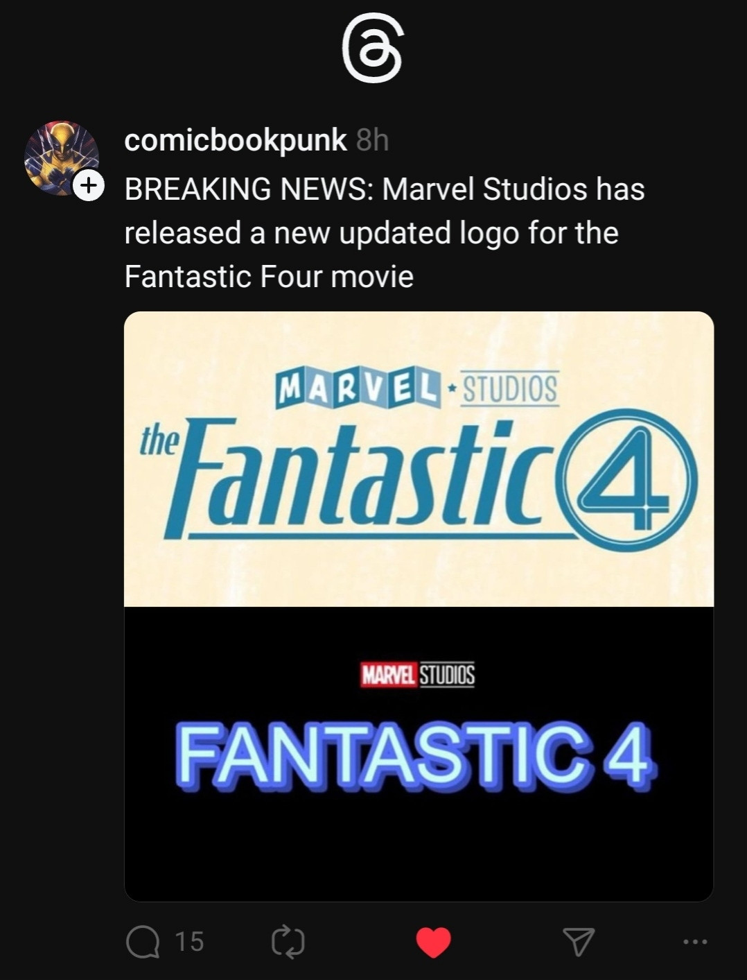 A Threads post allegedly showcasing an updated logo for the upcoming Marvel Studios film "The Fantastic 4"