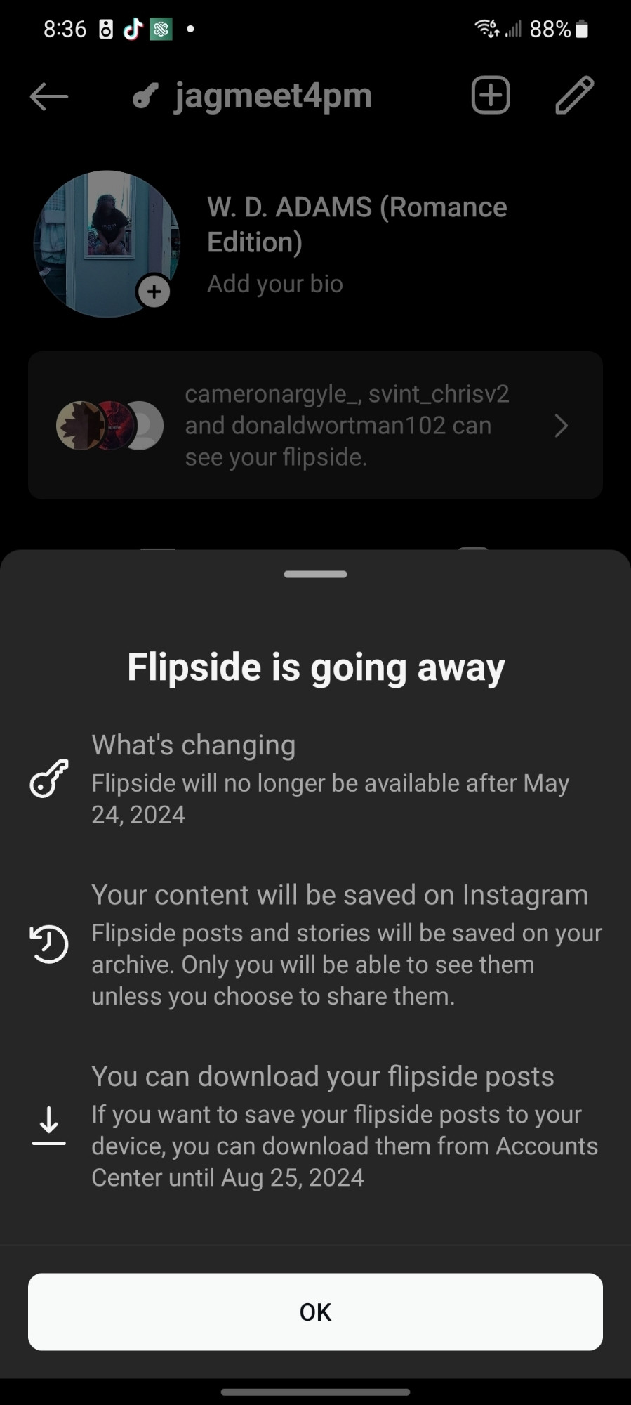 Instagram notifying users that the "Flipside" feature is being removed