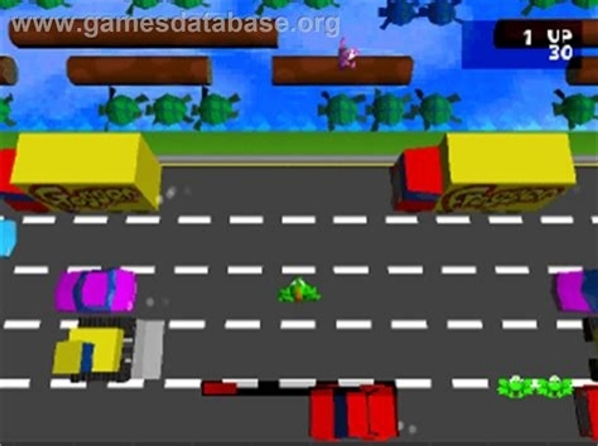 Grainy computer screenshot of a lil green frog hopping across multiple lanes of a highway while cars and trucks zoom down the road trying to run over the agile amphibian