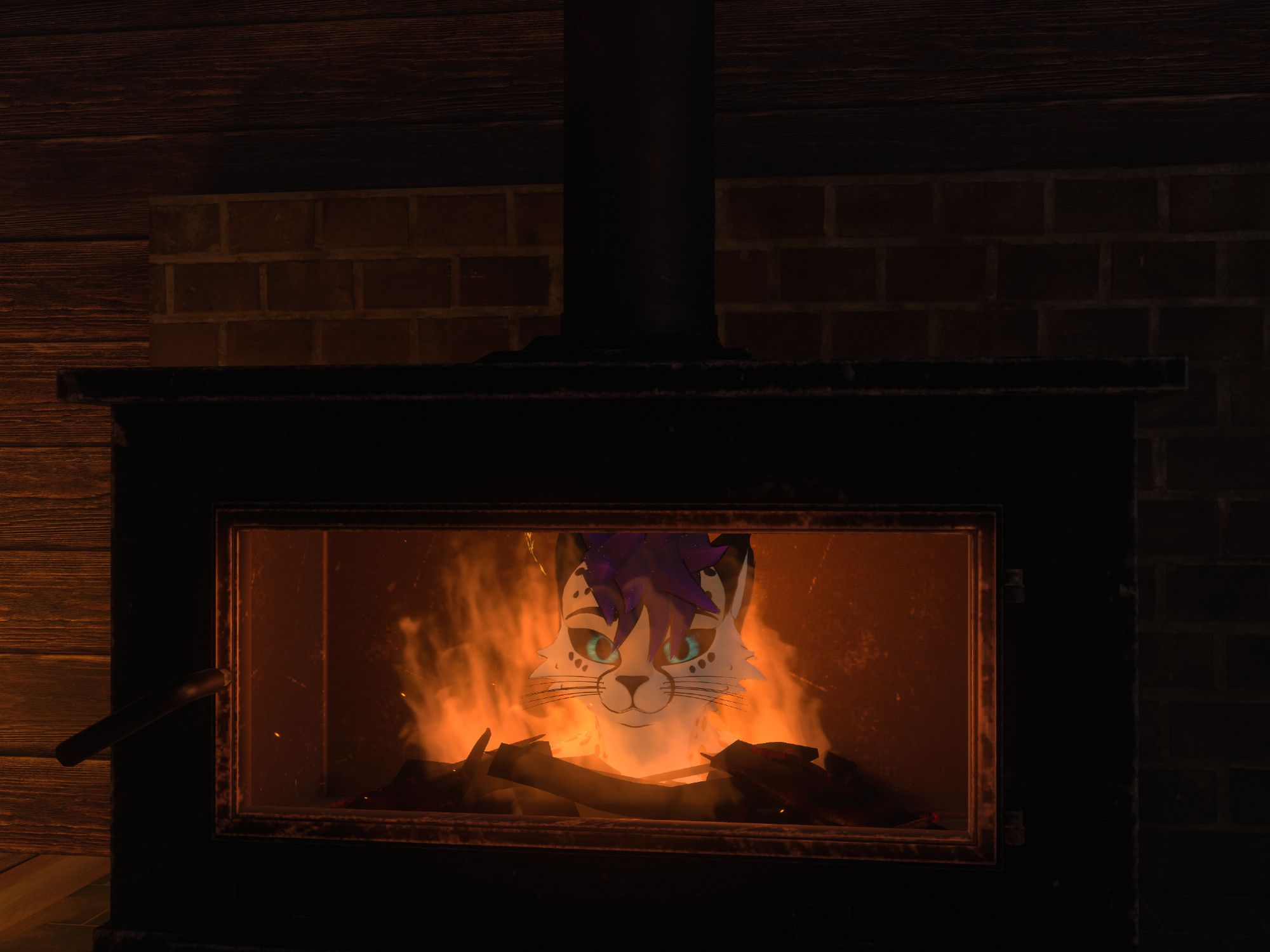 a vrchat screenshot where a cheetah avatar with blue eyes and purple hair is clipping inside a fireplace, looking at the viewer