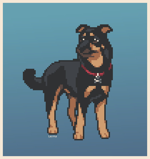 Pixel art of a German Shepherd-Rottweiler mix dog with a red collar