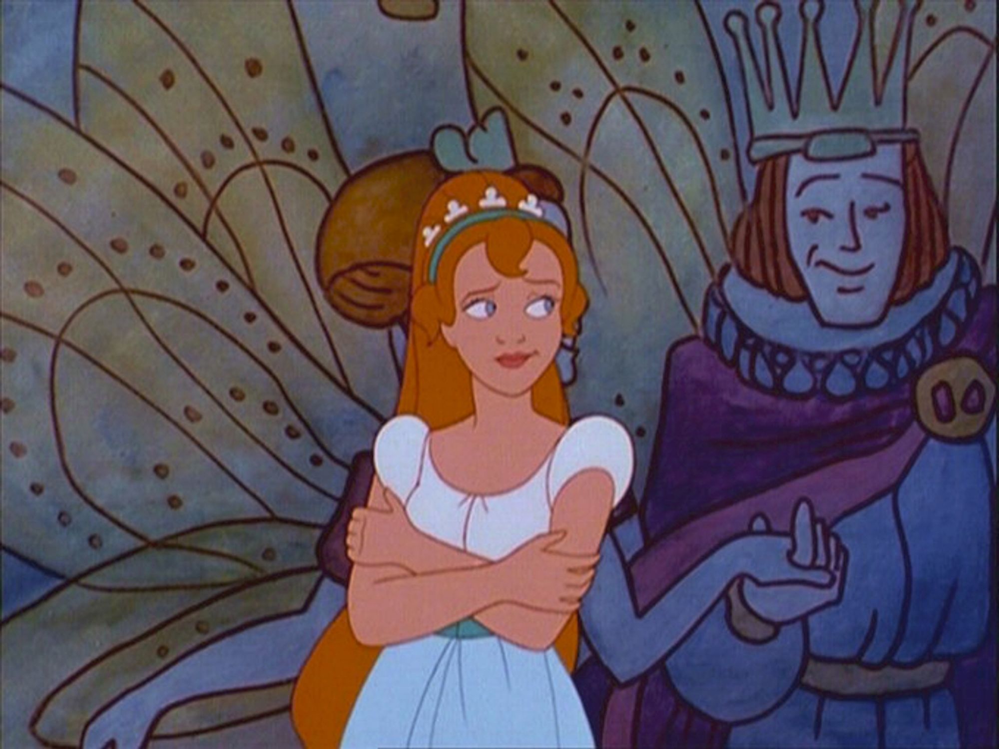 A screencap from the 1994 film "Thumbelina" where the titular character is sharing a sympathetic look with a similarly-sized illustration of a fairy prince from a storybook.