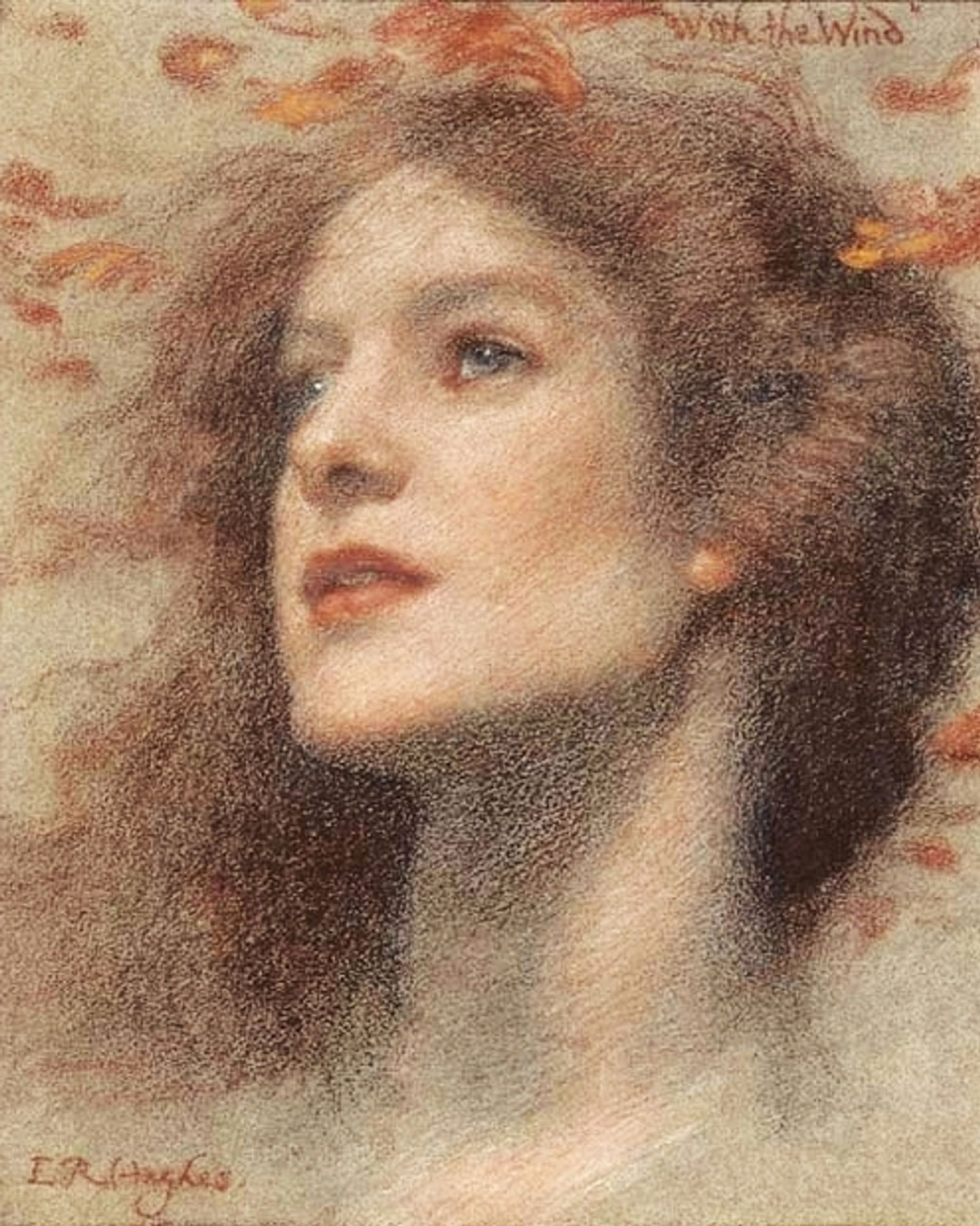 A drawing of the face of a woman with auburn hair and gray eyes. She is looking longingly and wistfully into the distance as autumn leaves blow past her.