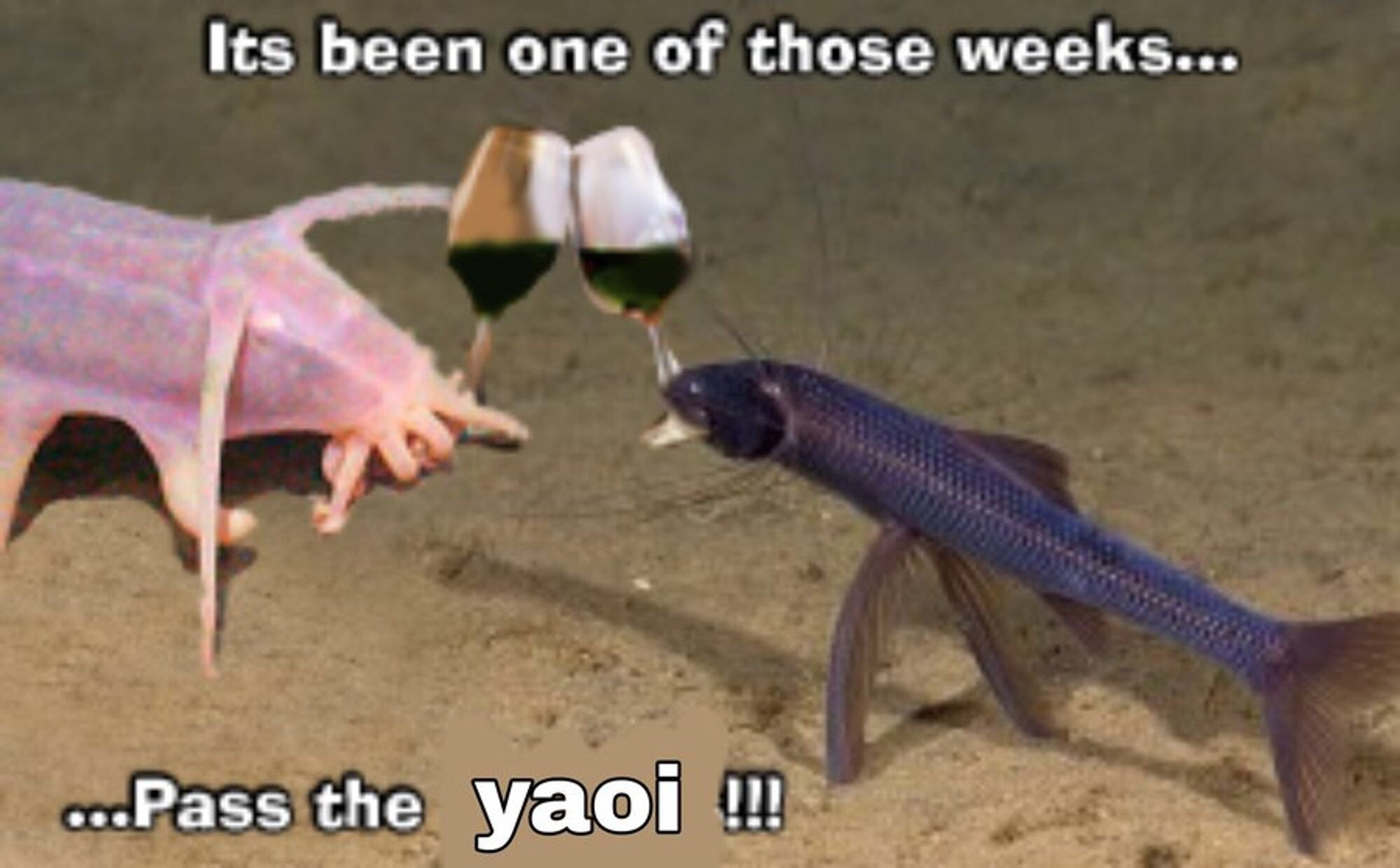 reaction image of two fish clinking wine glasses with the text “It’s been one of those weeks…… Pass the yaoi!!!