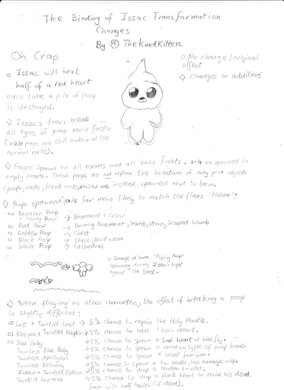 An idea for a rework to the Oh Crap transformation in The Binding of Issac by Edmund McMillen!