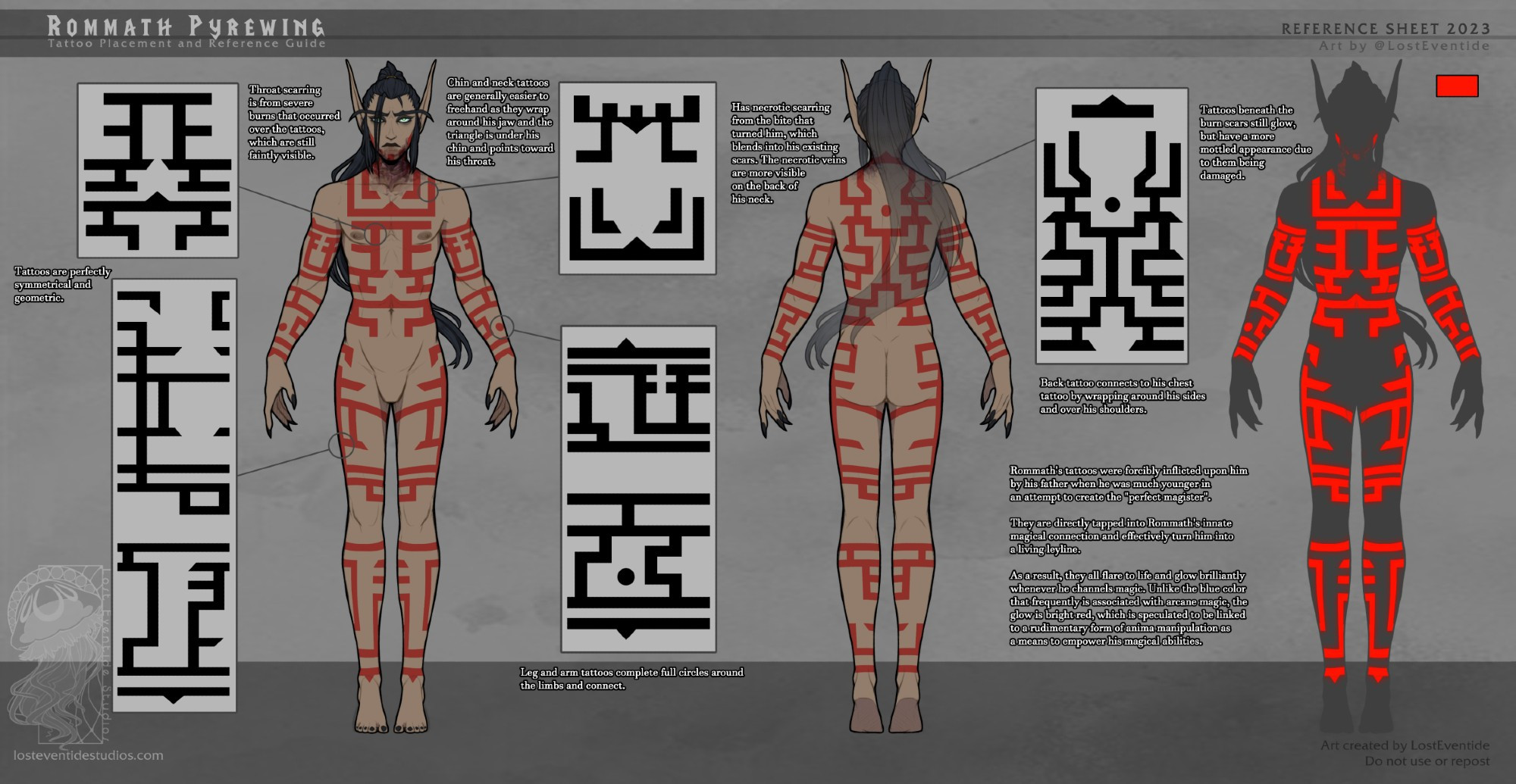 A tattoo guide for Rommath showing a breakdown of his tattoos in both front and back views as well as how they glow a crimson red when channeling magic.