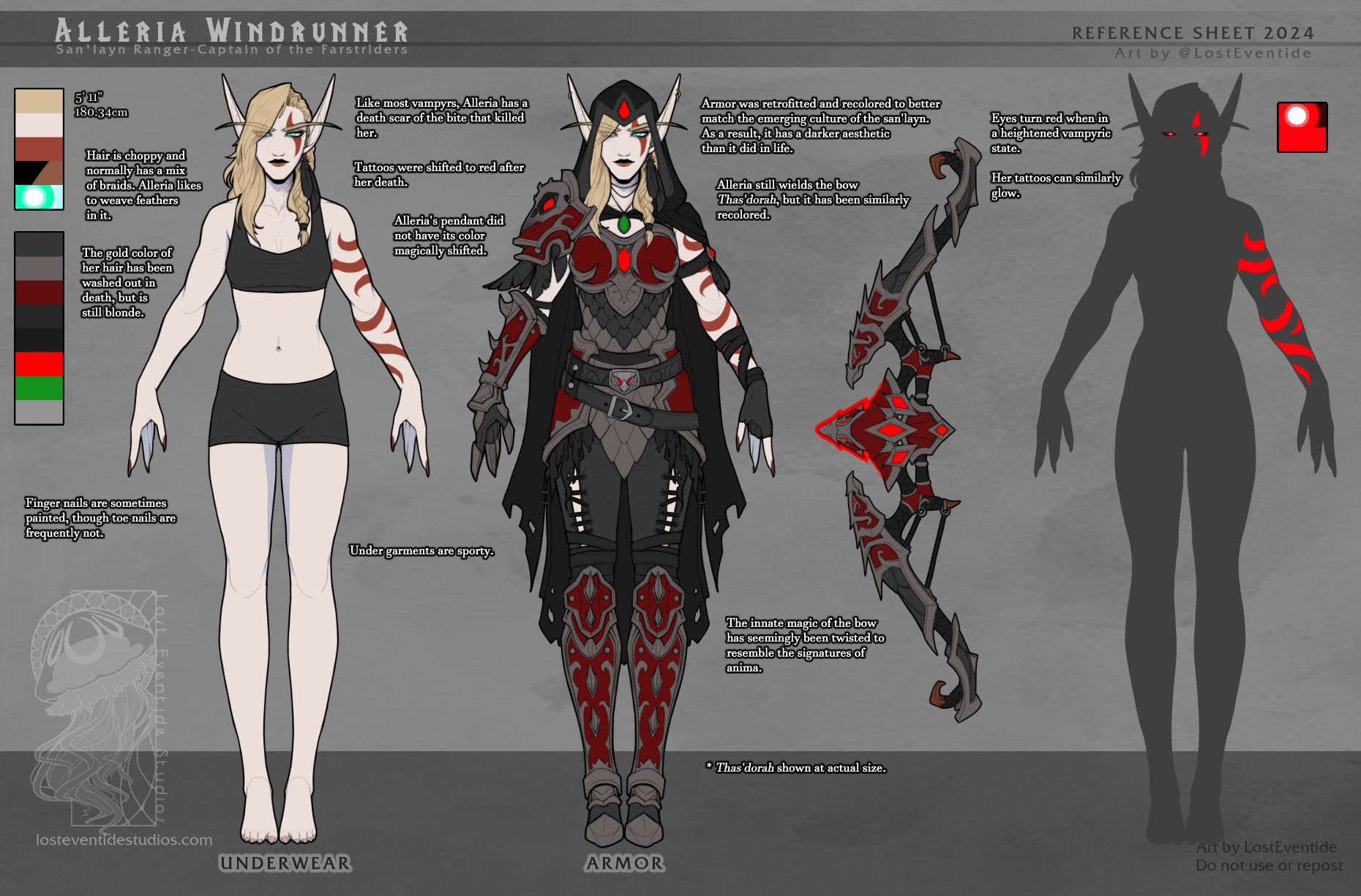 Reference sheet depicting Alleria Windrunner as a san'layn. Her skin and hair are paler and her armor has been shifted to a mixture of black and reds with a raven scroll decoration on her pauldron. The bow Thas'dorah has been similarly colored in black and reds.