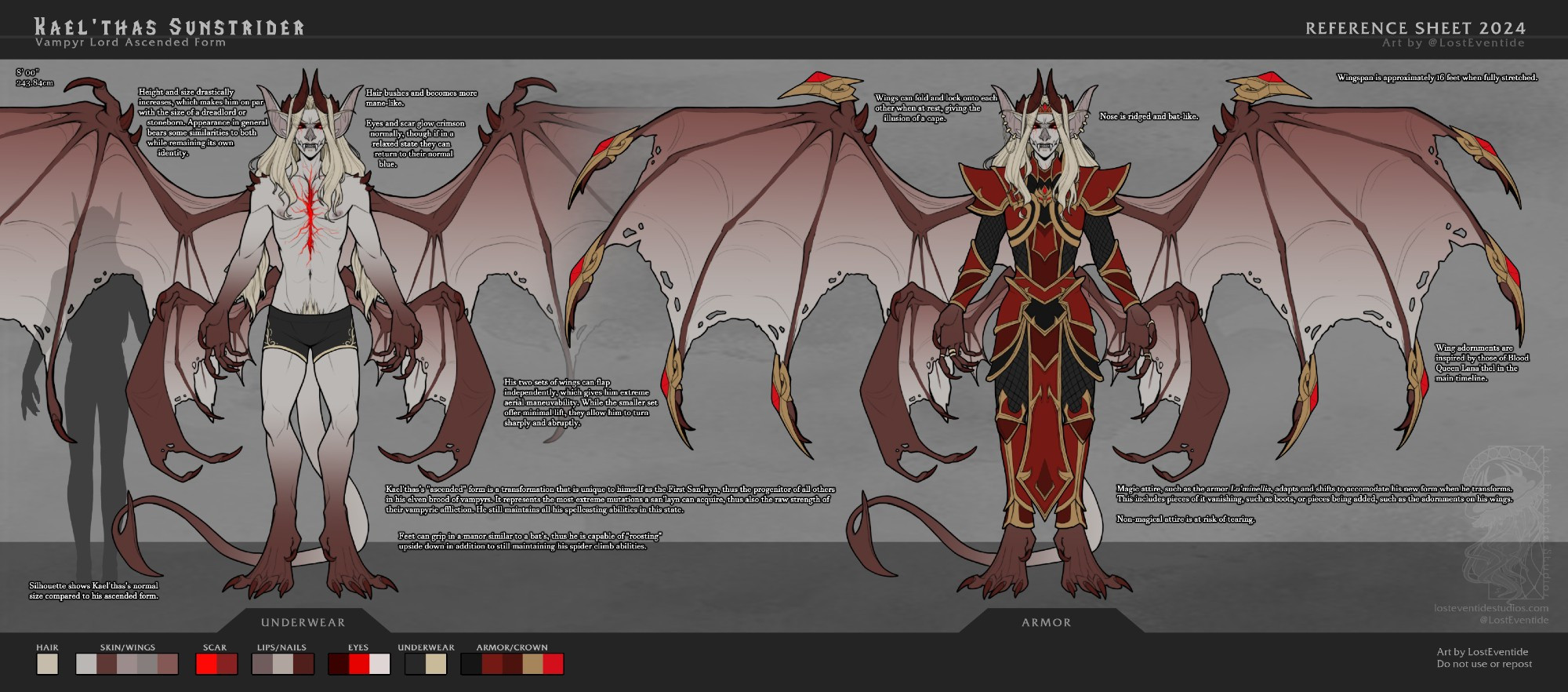 Reference sheet depicting the ascended vampyr form of an au Kael'thas Sunstrider where he is san'layn. He has a mane of wild blonde hair and a set of curved horns that resemble a crown. He was one set of large bat-like wings coming from his back, and a smaller set from above his hips that serve as rudders for fast flight. He has pronounced fangs, a bat-like nose, and wide ears, as well as exaggerated claws, clawed feet, and a long tail. Overall he bears some resemblance to a gargoyle.