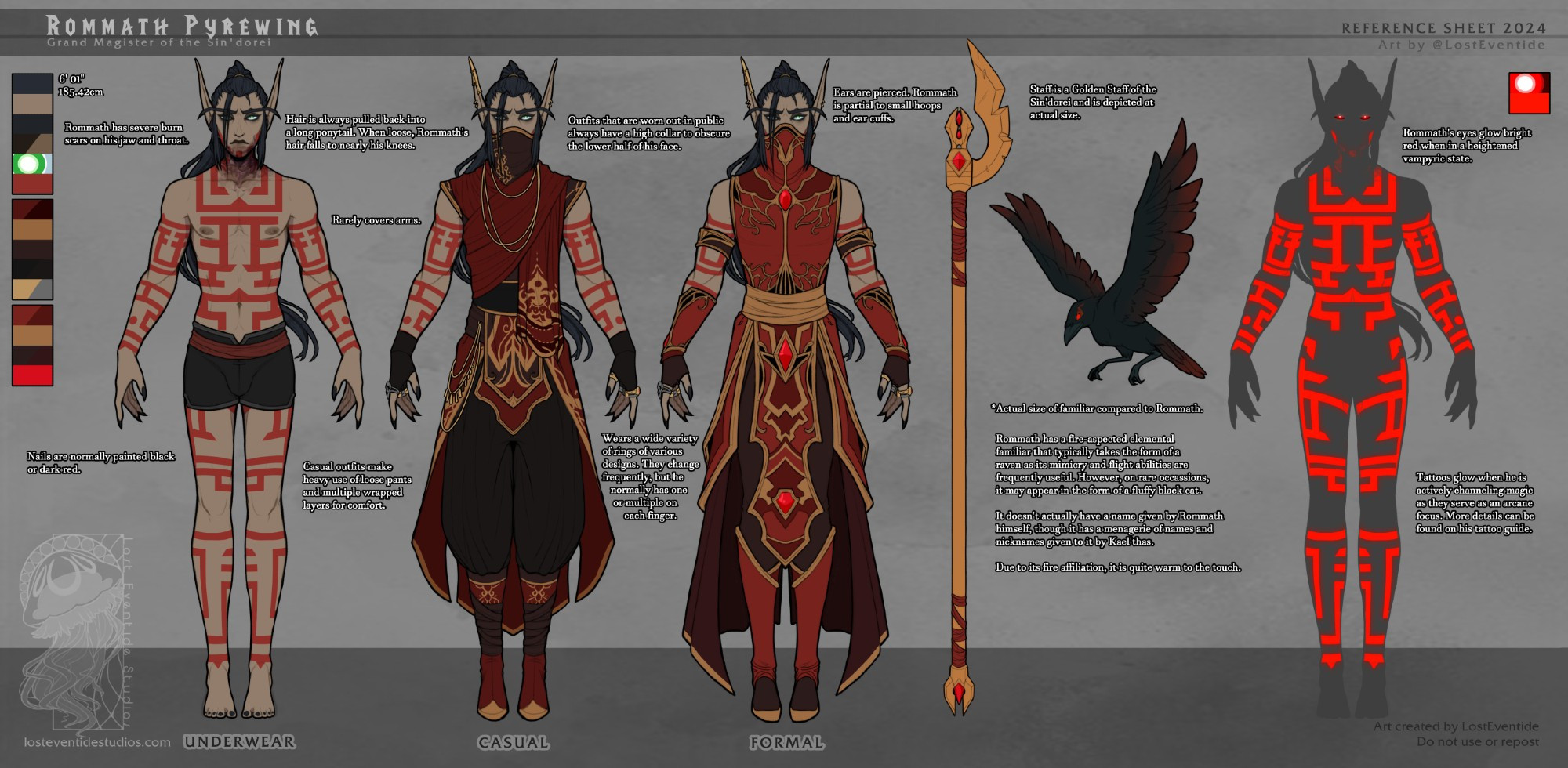 A reference sheet depicting a tanned vampiric elf with long black hair pulled into a ponytail. He has red geometric runic tattoos on his body and is dressed in regal reds and golds. Ref sheet also depicts a gold staff with a half feathered wing and red crystals, and a raven familiar with red eyes.