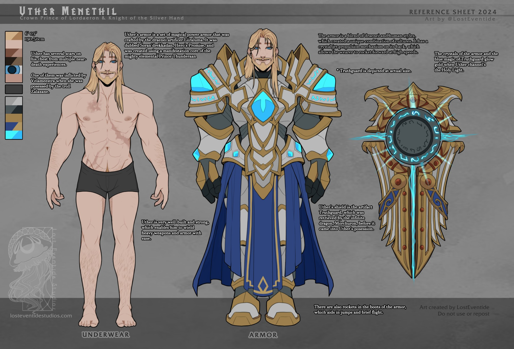 Reference sheet depicting Uther Menethil, a muscular human man with long blonde hair, a well-groomed full blonde beard, and blue eyes. He has scars criss-crossing his chest and is in black boxers. The second view depicts him in his armor which is white and gold with bright blue crystals and a billowing blue cloak-skirt that looks to be a combination of draenic and human aesthetics. There is also a reference of the Warcraft artifact weapon Truthguard next to him, as it was the shield he acquired.