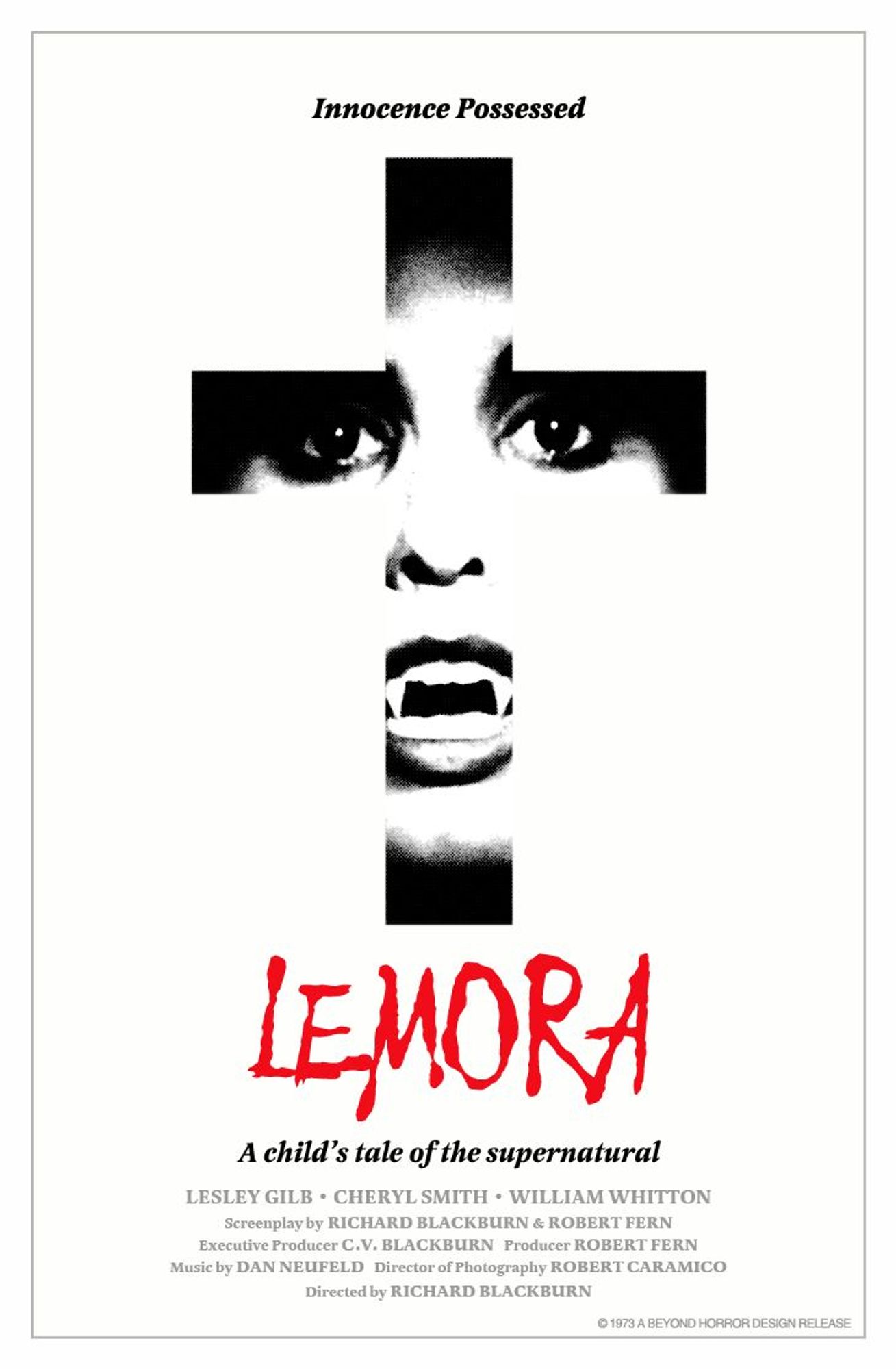 poster for LEMORA: A CHILD'S TALE OF THE SUPERNATURAL (1973) showing a cross-shaped cut-out of a vampire's face.