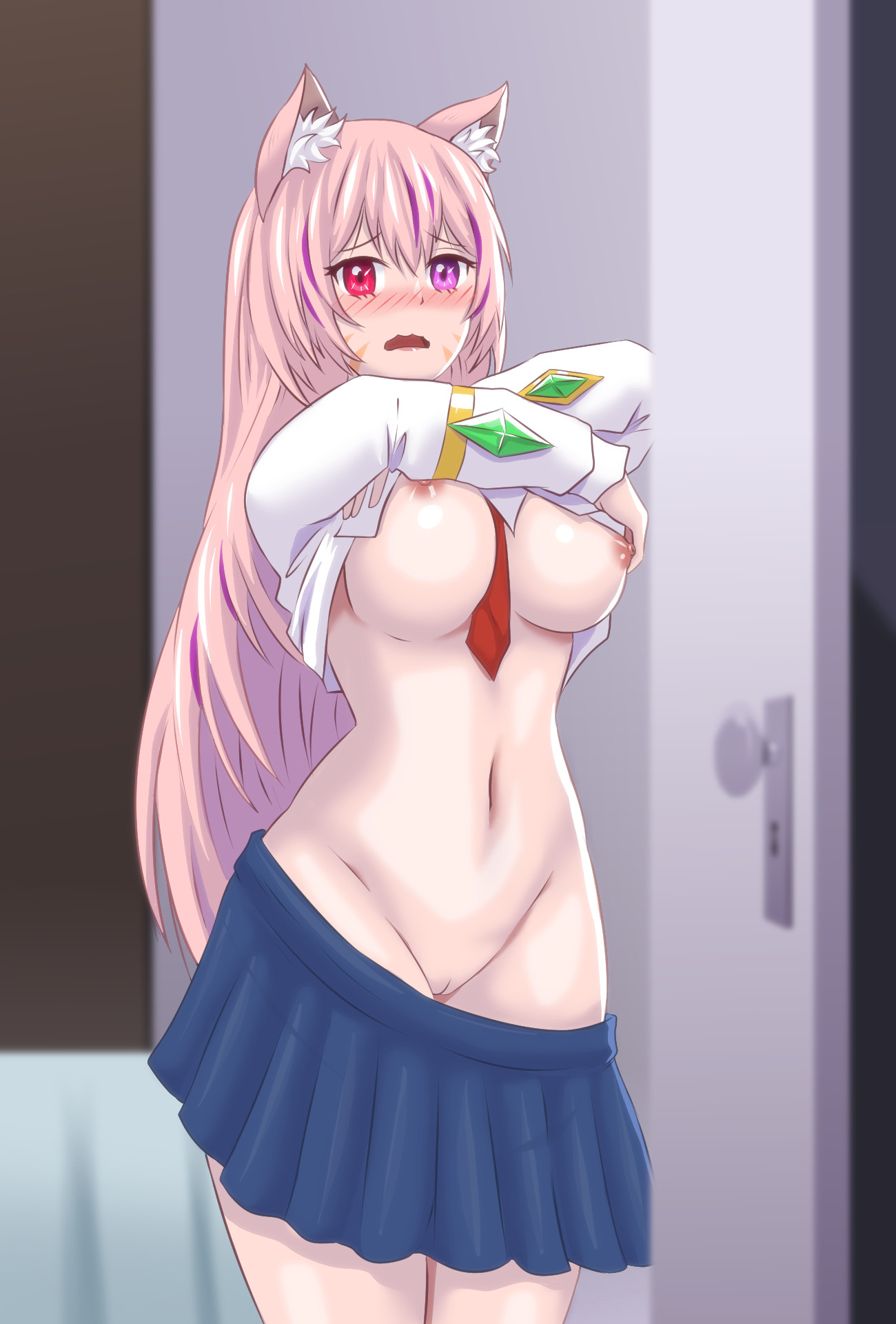 Catgirl with long pink hair changing clothes, she have heterochromia; left eye purple and right eye red. She is wearing dress shirt and skirt, skirt is pulled off and she is stripping shirt exposing the naked body. She is noticing viewer and blushes badly