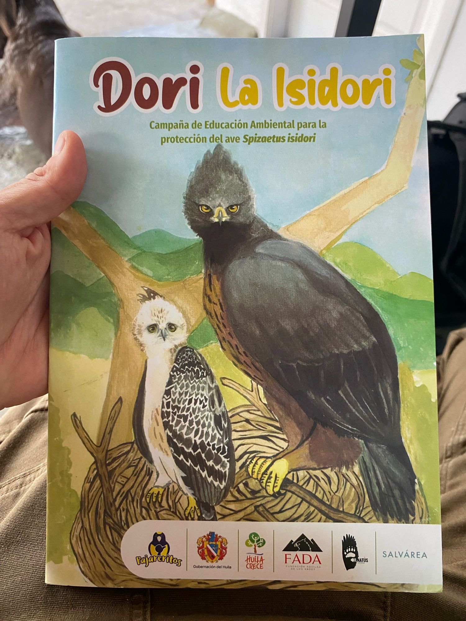 Photo of the cover of the booklet called Dori la isidori, which is an educational booklet for kids about the Black-and-chestnut Eagle (Spizaetus isidori)