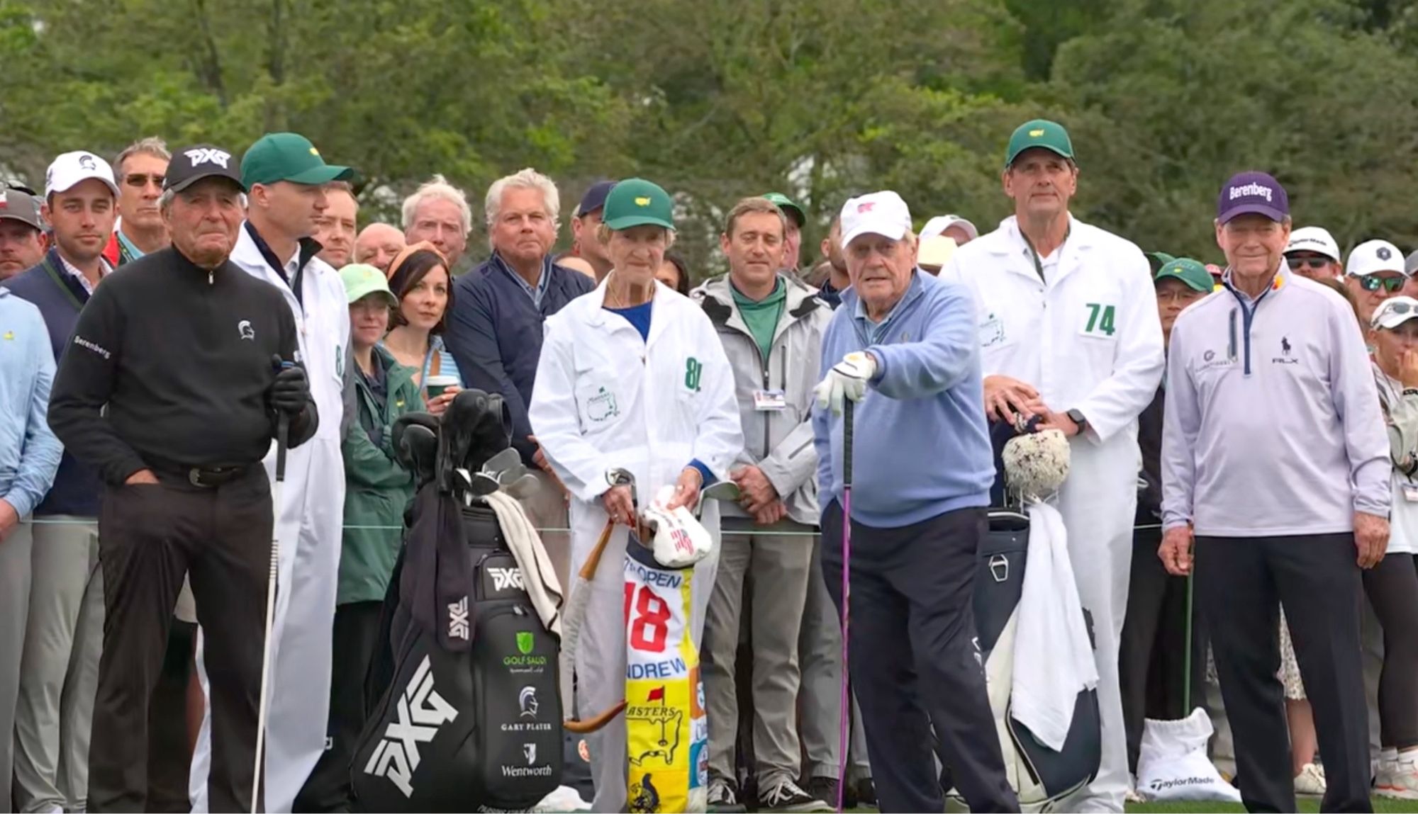 Photo of Gary Player, Barbara Nicklaus, Jack Nicklaus, and Tom Watson at Augusta National’s number 1 tee