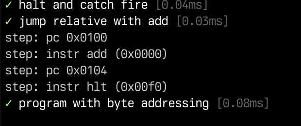 ✓ jump relative with add [0.03ms]
step: pc 0x0100
step: instr add (0x0000)
step: pc 0x0104
step: instr hlt (0x00f0)
✓ program with byte addressing [0.08ms]