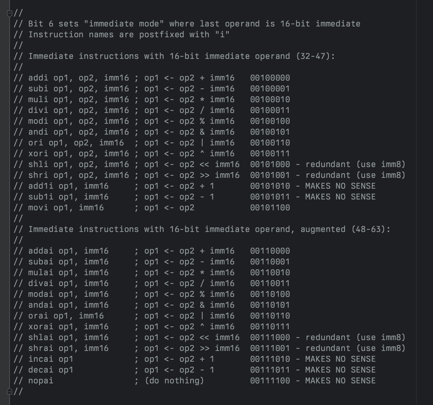 Immediate instructions with 16-bit operand (32-47), plus augmented ones (48-63)

(Details omitted due to space constraints)

addi op1, op2, imm16 ; op1 <- op2 + imm16   00100000
subi
muli
divi
modi
andi
ori
xori
shli
shri
add1i
sub1i
movi

addai op1, imm16     ; op1 <- op2 + imm16   00110000
subai
mulai
divai
modai
andai
orai
xorai
shlai
shrai
incai
decai
nopai