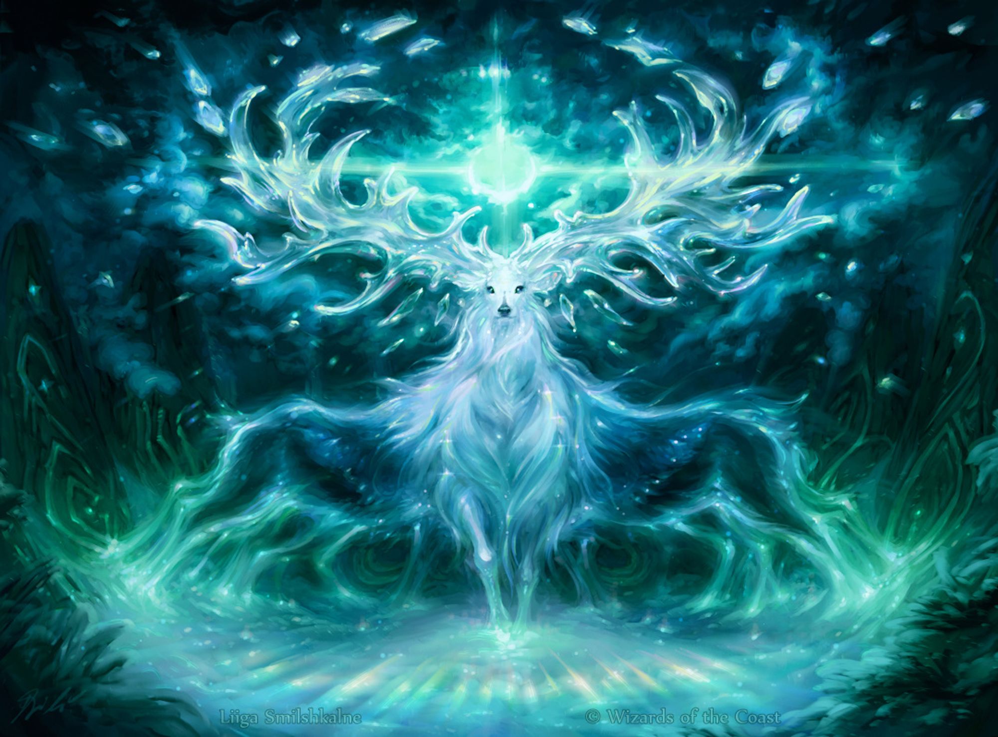 Myntasha, Honored One for Magic: The Gathering 2019 Heroes of the Realm. A magical deer with crystal horns is formed through ancestral spirits converging from fairy stones amidst a snowy forest. The scene is lit by the moon shining through the gaps between pine branches above the deer's head, and the moonlight casts rainbows upon the snow.