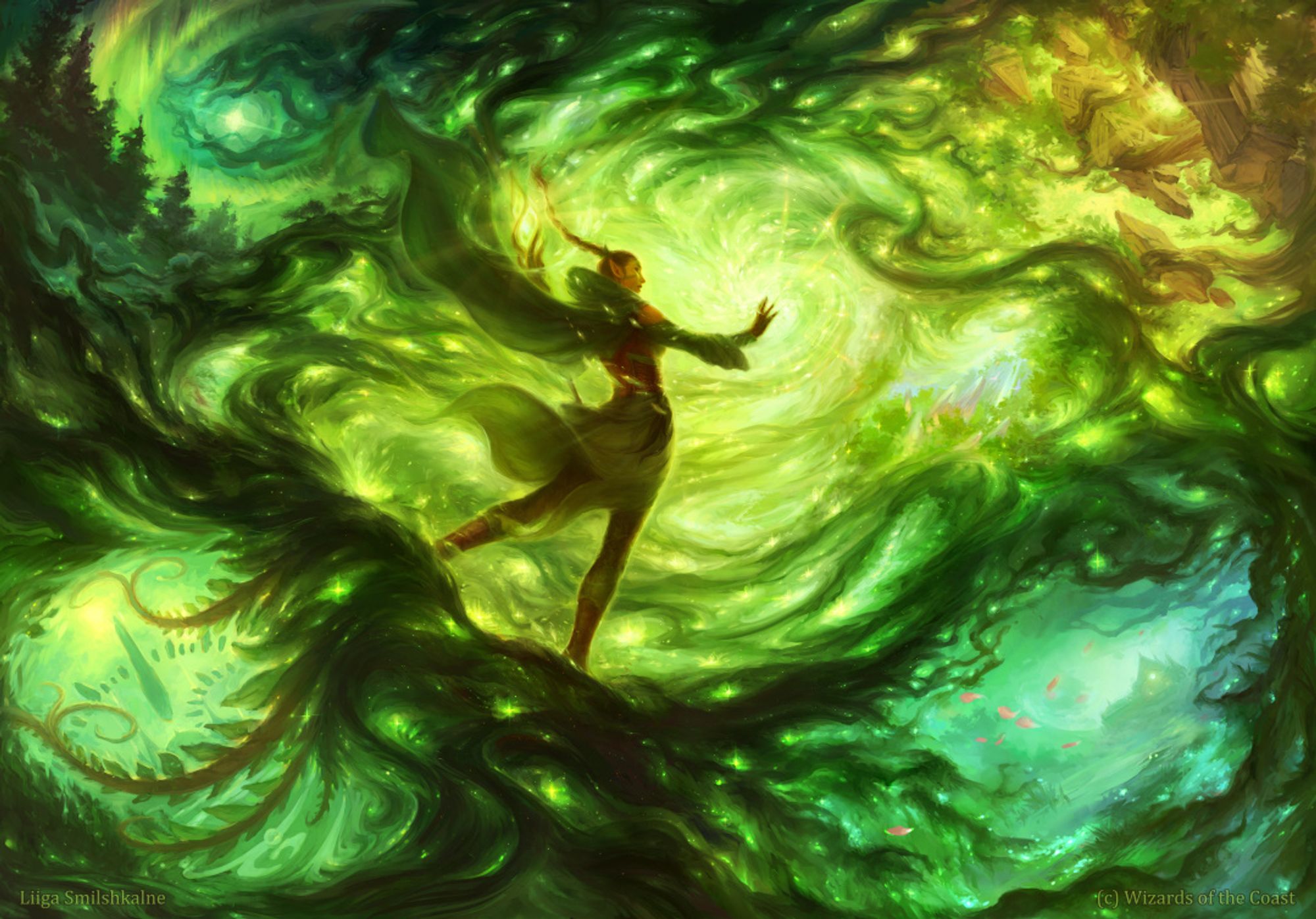 Illustration for the card "Path of the Animist" shows Nissa planeswalking in a green surreal environment. Around her, one can see portals leading to Arcavios, Innistrad, Zendikar, Kaldheim and other places.