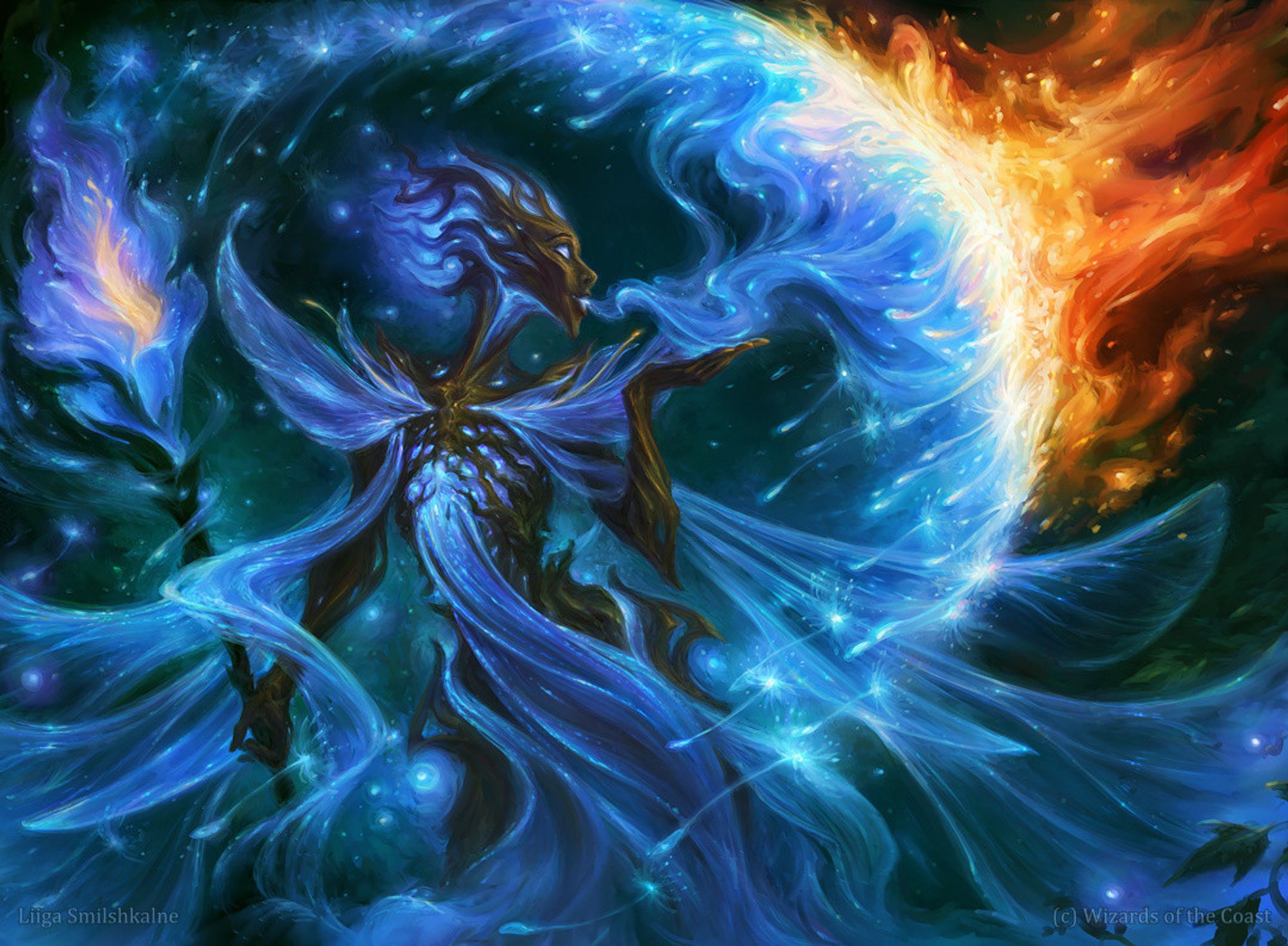 An illustration of #MTG card "Spell Stutter". It shows a fairy effortlessly turning a magical fireball into harmless - but still magical - dandelion seeds.