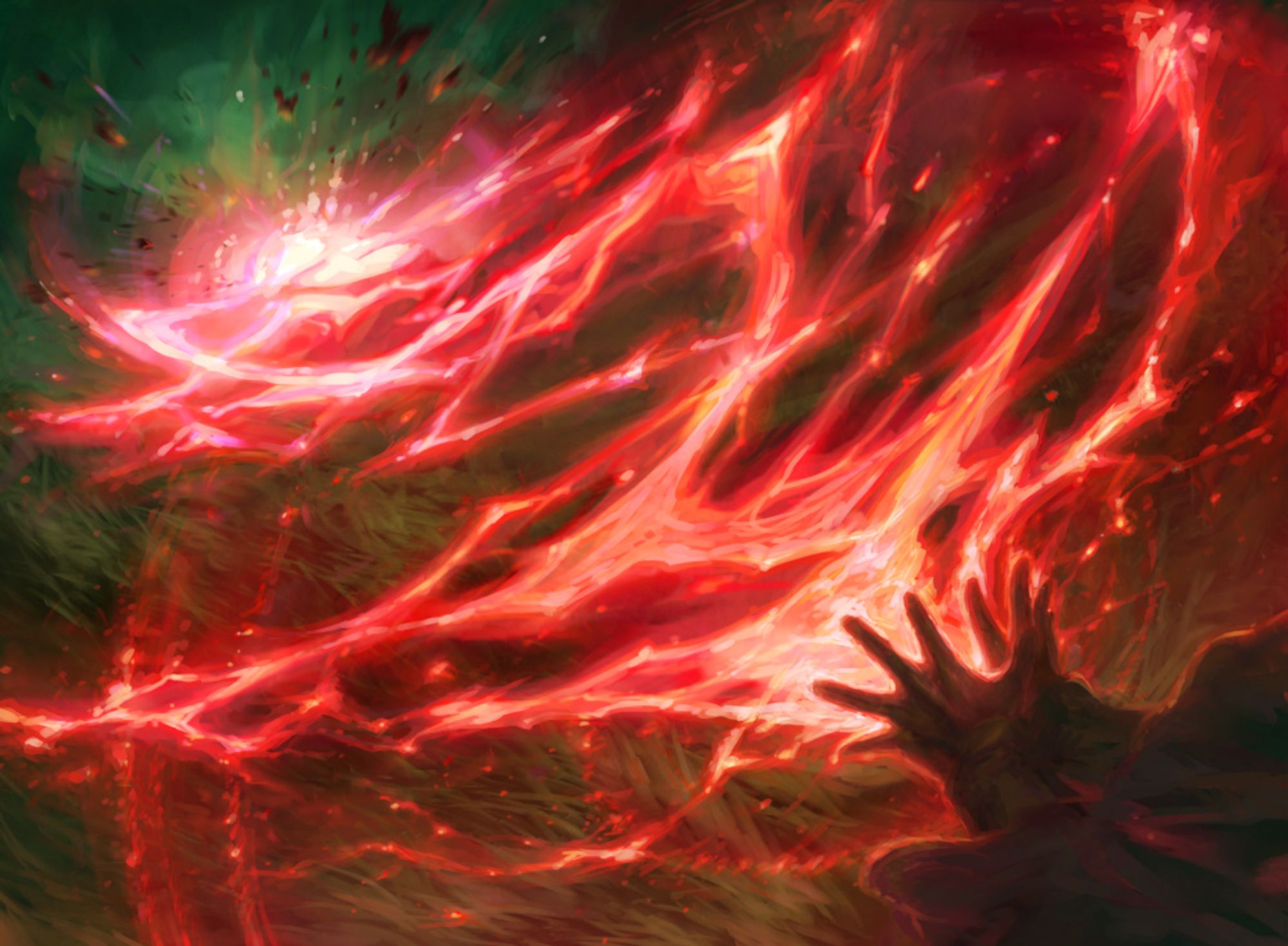 Illustration for Magic: the Gathering card "Static Discharge", it depicts a pink lightning spell striking something in the distance. Wouldn't want to be on that end.