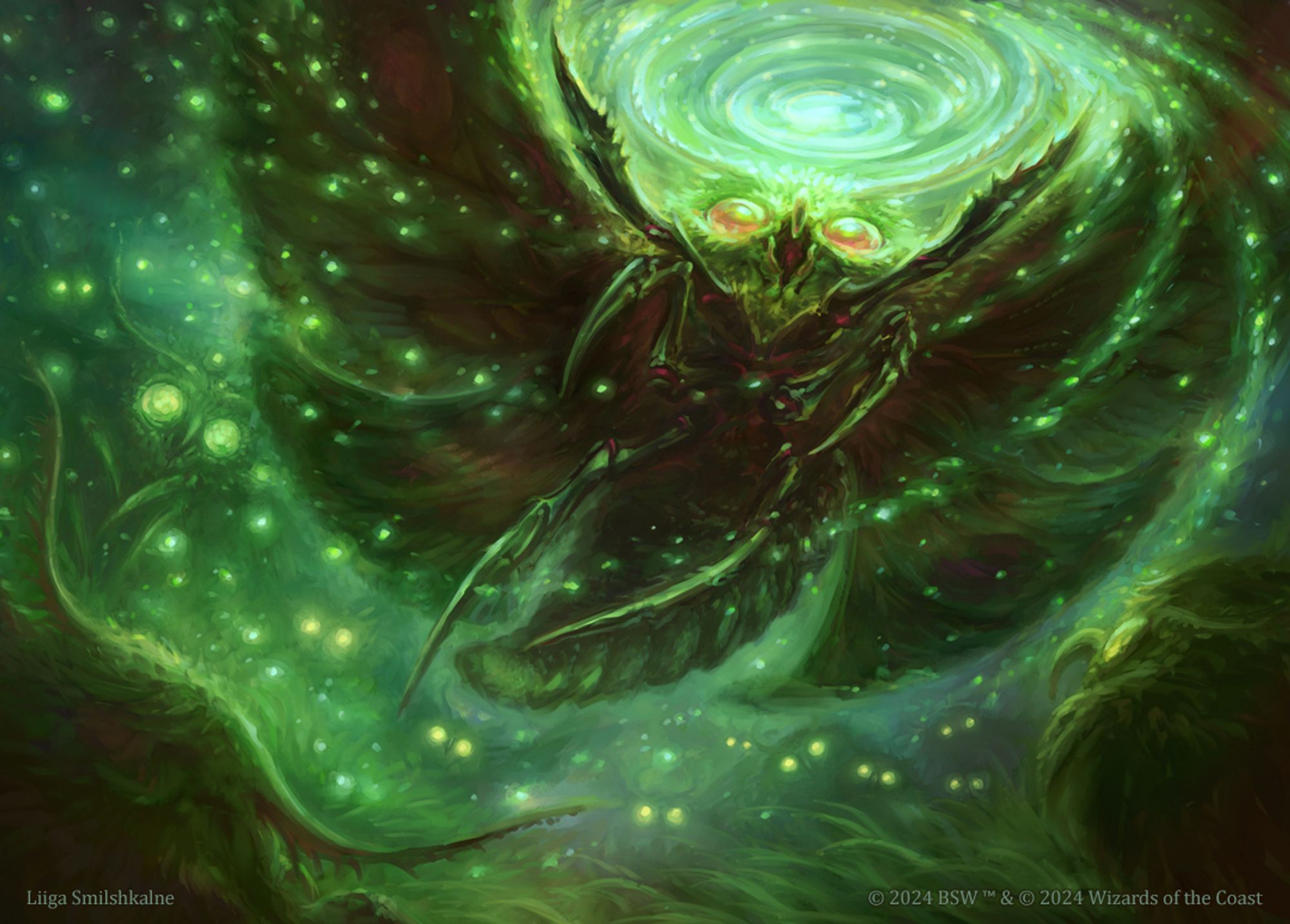 An illustration for the Magic: the Gathering card "Inspiring Call". It shows a mothman inspiring other mothmen through an extremely sparkly show of, er, inspiration, originating between its antennae. It is very green. 

#teammoth #cryptid #illustration