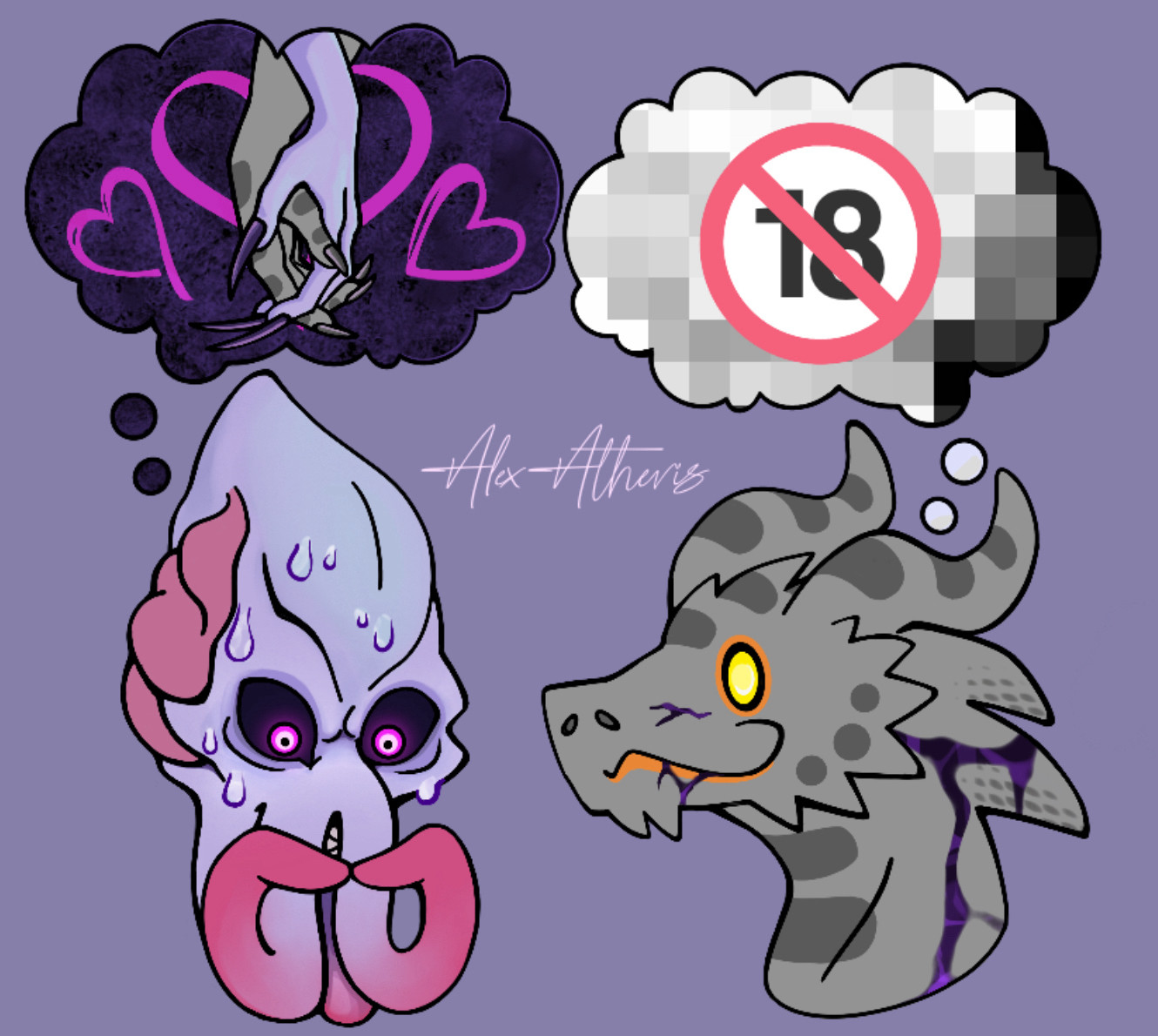 Two chibi heads of Axcel’Roth and Valduran, with thought bubbles showing insight to their thoughts. 
Valduran (who is usually very neutral and unfazed) is highly flustered at the thought of holding hands with Axcel’Roth, while Axcel’Roth (the more outwardly, romantic and goofy one) has a neutral but silly expression as he thinks Very Naughty Sex Thoughts