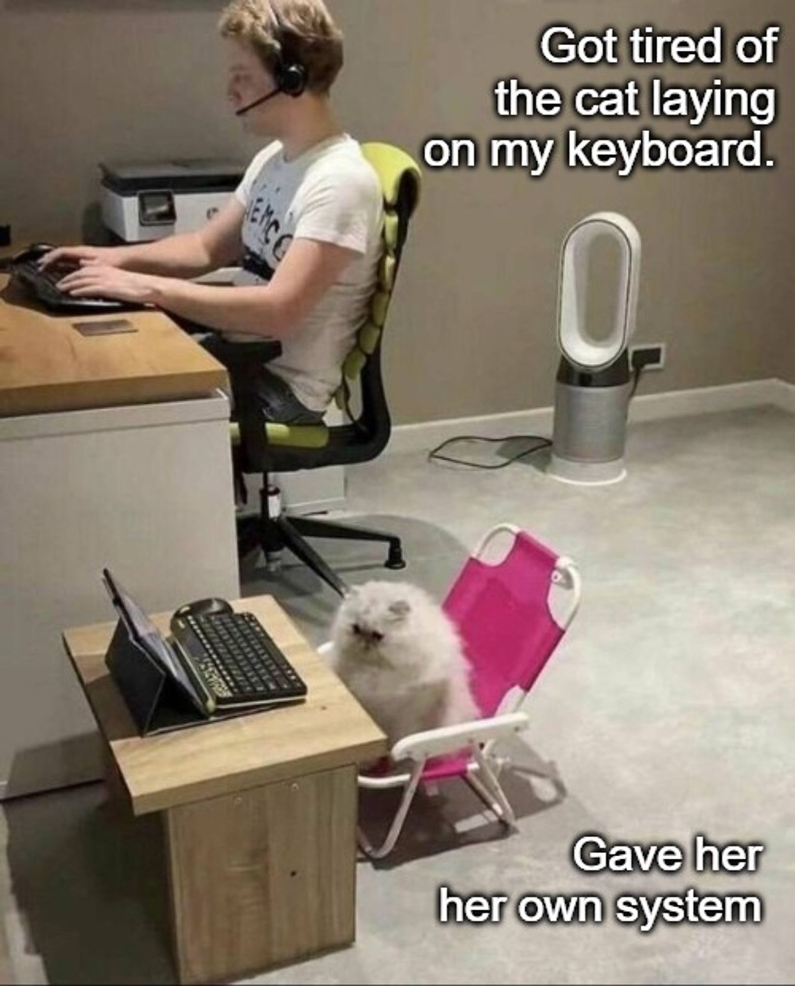 A man is working on a computer, while a cat sits in a small chair in front of a makeshift computer setup. The image text reads, "Got tired of the cat laying on my keyboard. Gave her her own system."