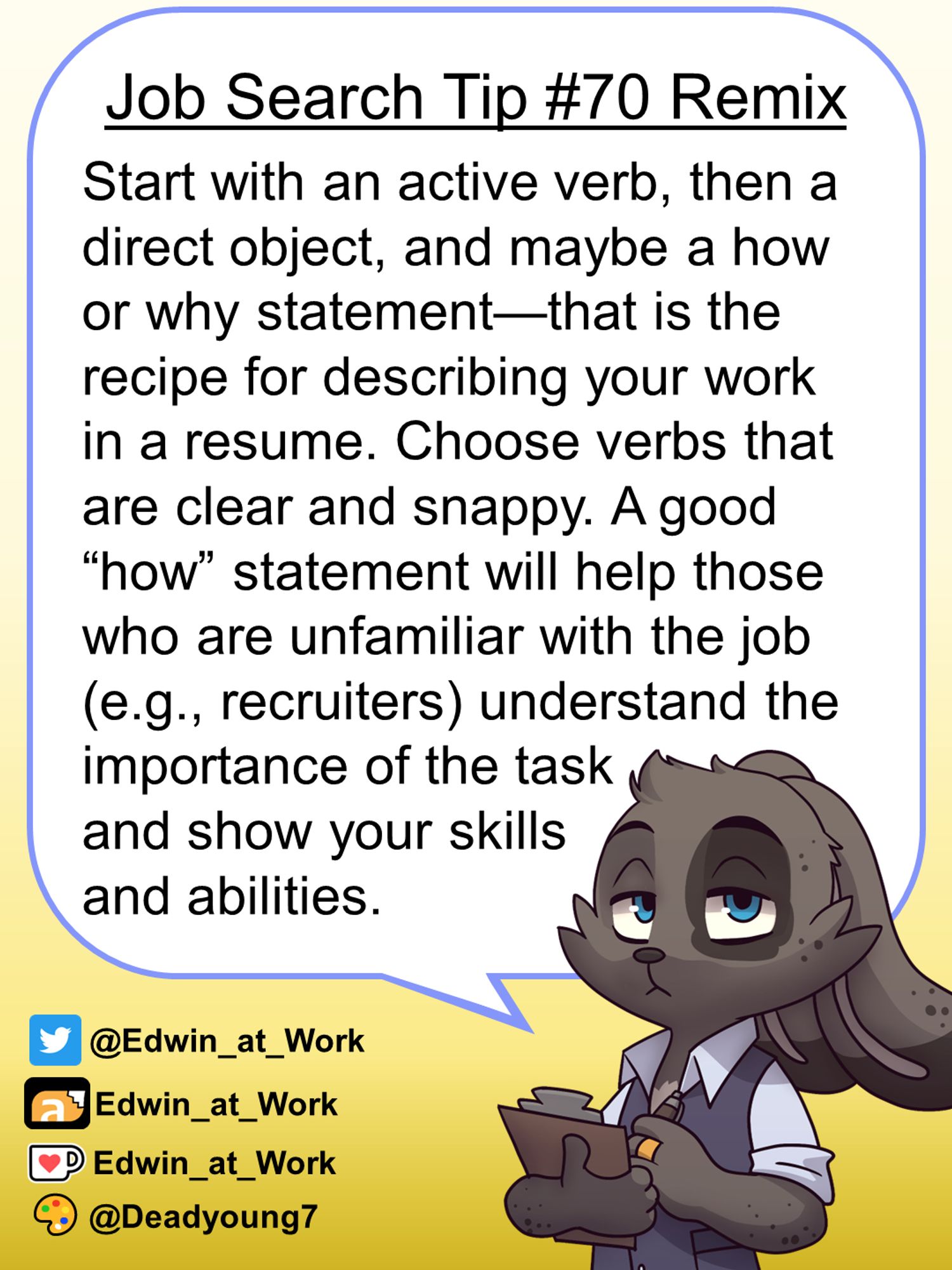 Edwin, an anthropomorphic jackrabbit, is wearing a business casual outfit and has a grumpy expression on his face. He gives job searching tips by speaking directly to the reader using a dialogue bubble. Edwin says, 
"Start with an active verb, then a direct object, and maybe a how or why statement—that is the recipe for describing your work in a resume. Choose verbs that are clear and snappy. A good “how” statement will help those who are unfamiliar with the job (e.g., recruiters) understand the importance of the task and show your skills and abilities."