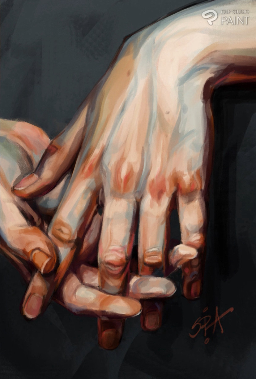 A digital oil-like painting of hands with intertwining fingers