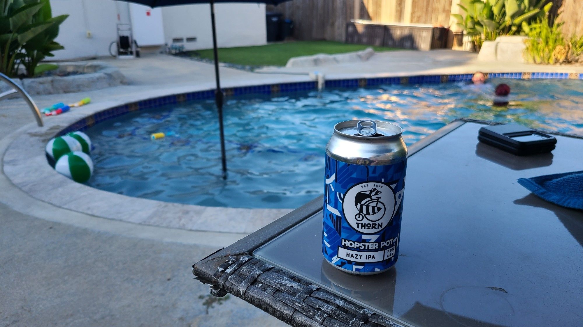 A picture of a pool in a backyard with blurred background with a beer (Thorn Brewing Hopster Pot Hazy IPA) on the table in the foreground